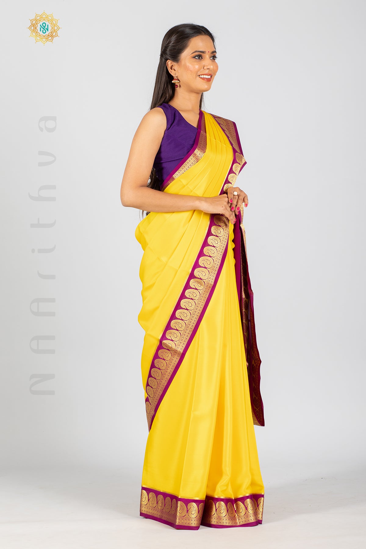 YELLOW WITH PURPLE - PURE MYSORE CREPE SILK WITH PLAIN BODY AND CONTRAST MANGO BORDER