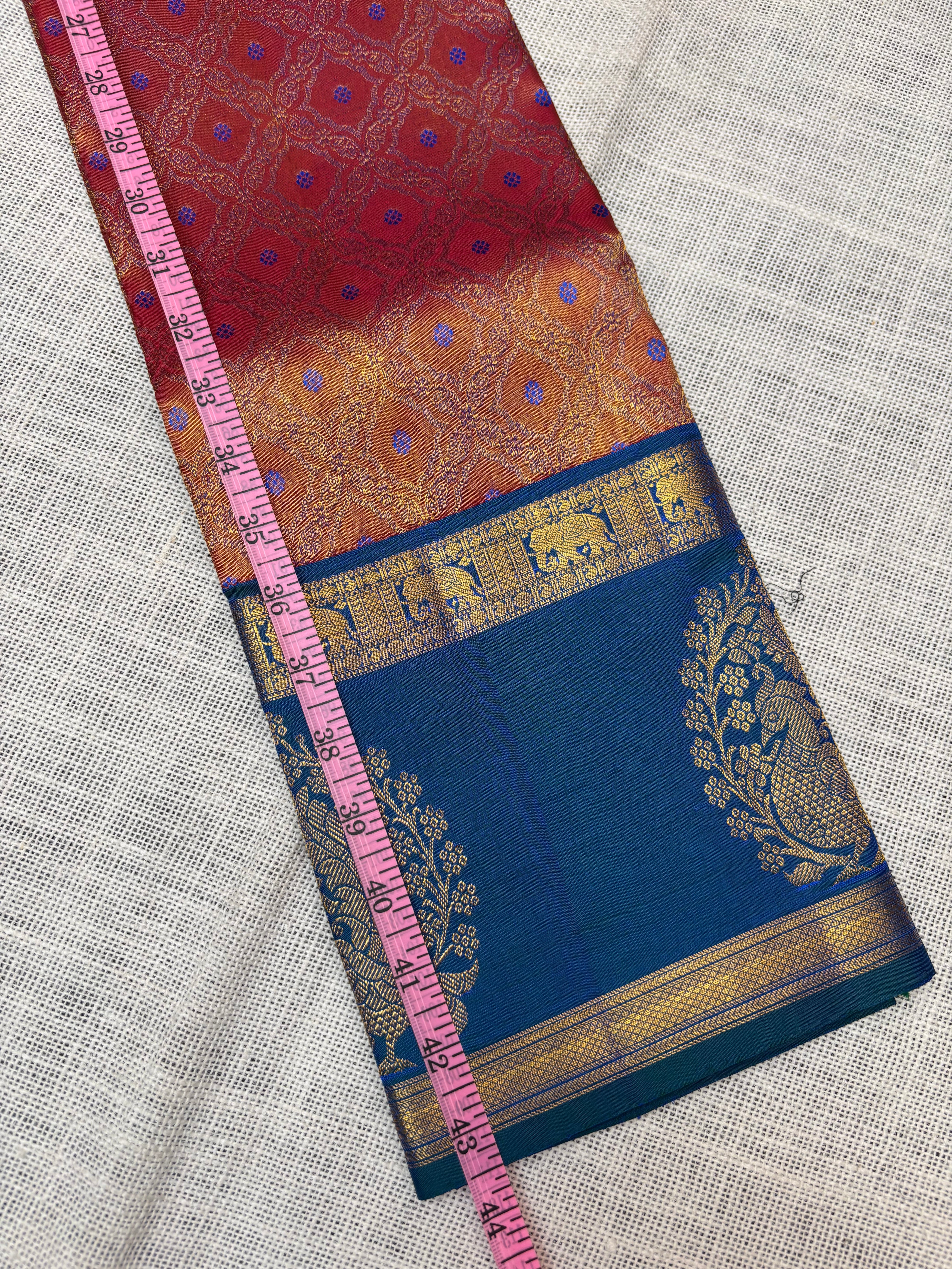 Dark Peach with Blue Pure Kanjivaram Silk Unstitched Kids’ Lehenga Fabric with All-Over Zari Brocade and Zari Border