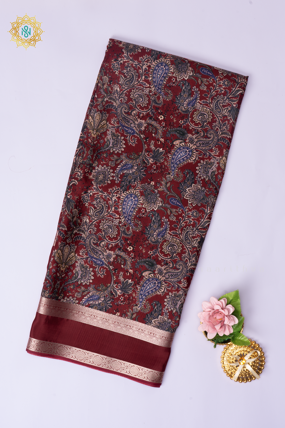 Maroon Printed Semi Crepe Silk Saree with Contrast Bentex Zari Border