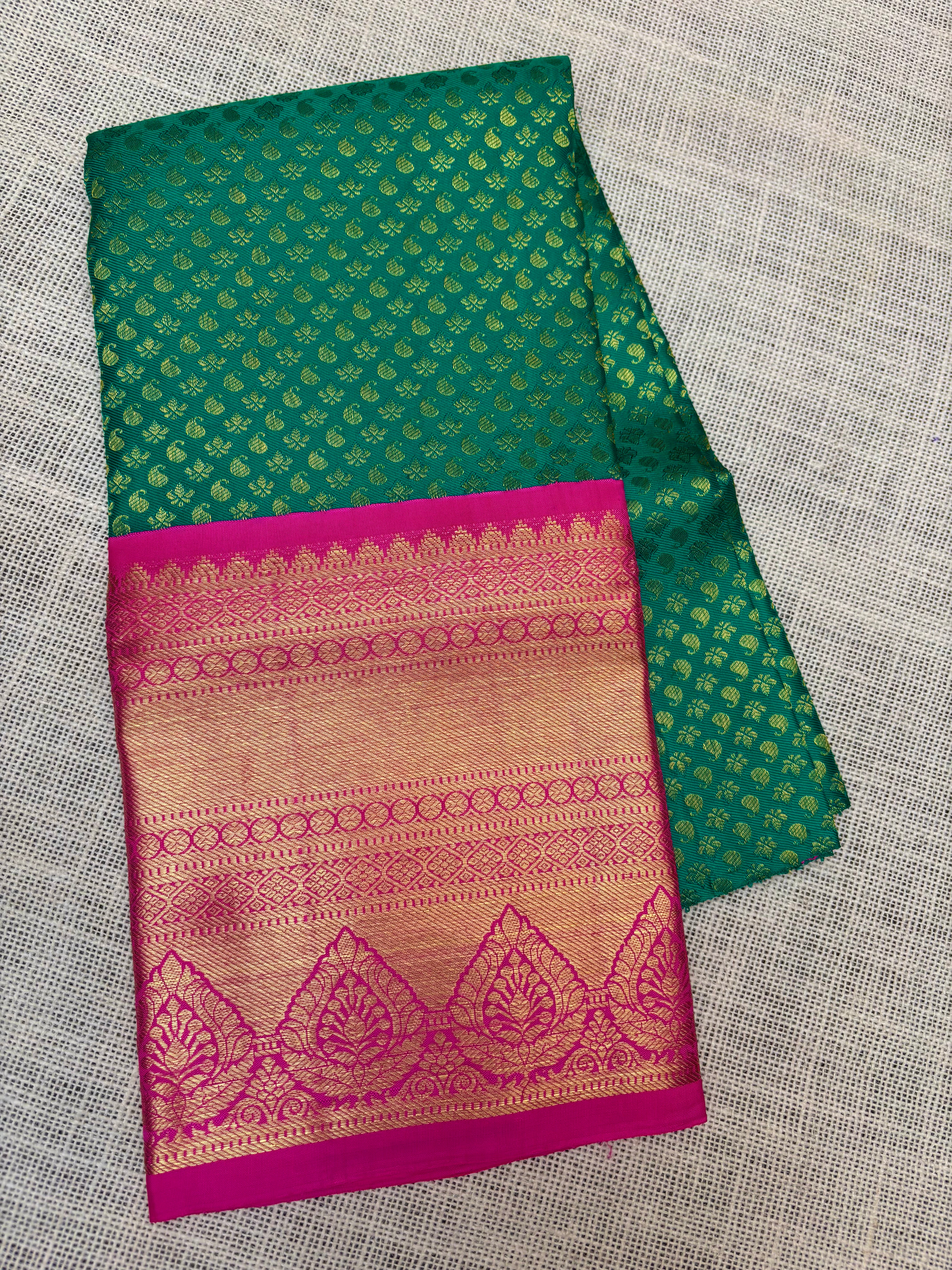 Green with Pink Pure Kanjivaram Silk Unstitched Kids’ Lehenga Fabric with All-Over Zari Buttas and Zari Border