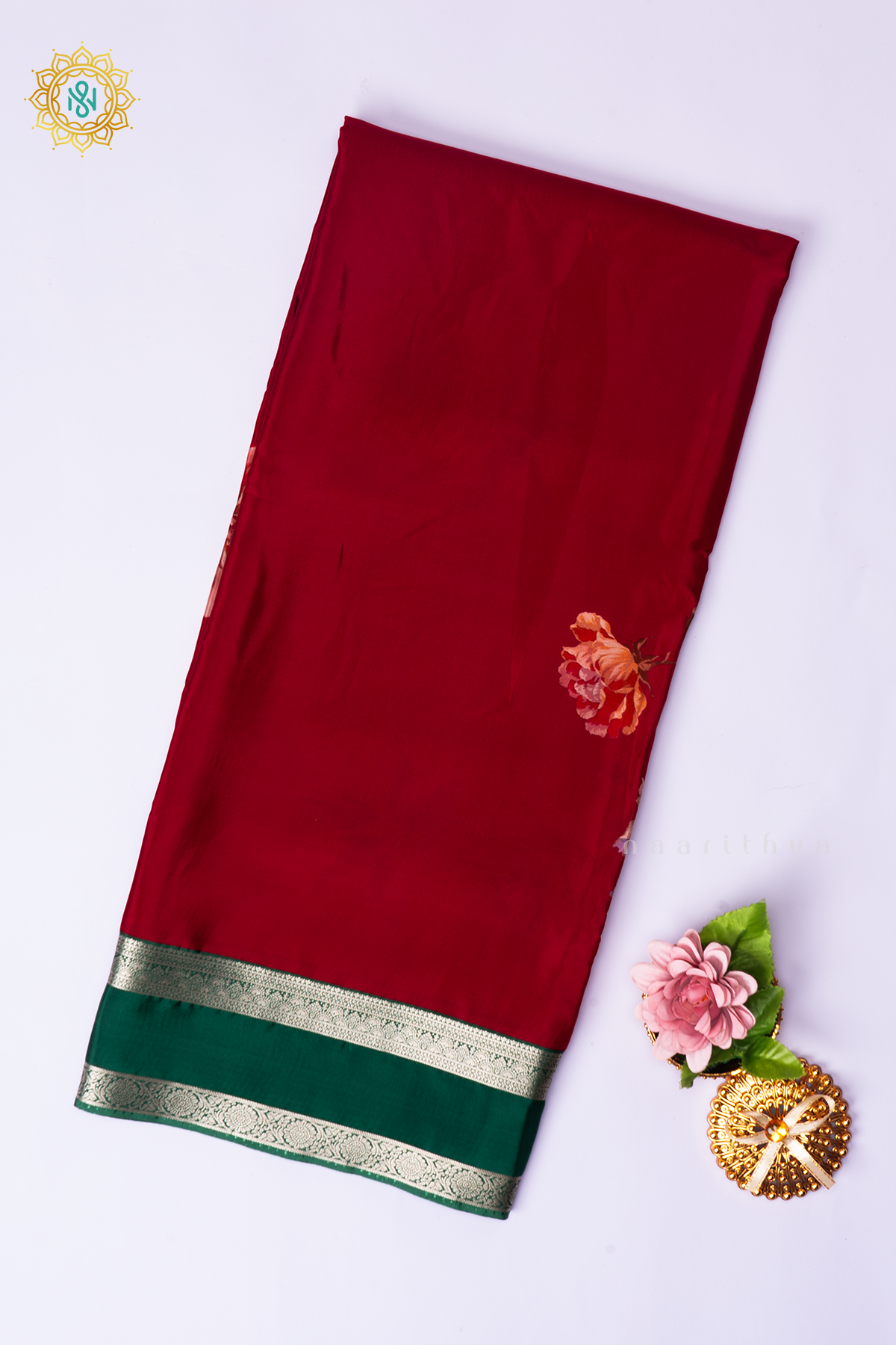 Red With Green Printed Semi Crepe Silk Saree with Contrast Bentex Zari Border