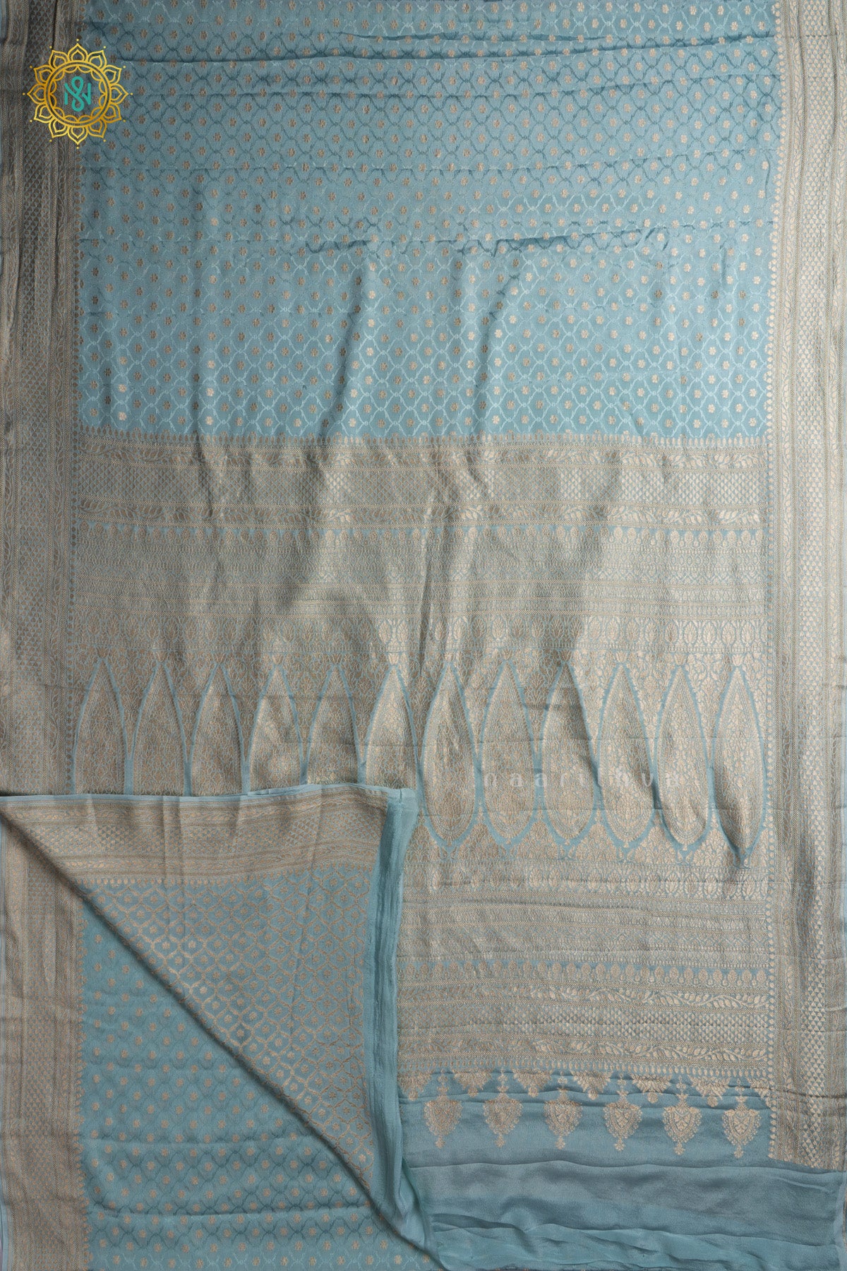 Aqua Blue Pure Banarasi Crepe Silk Allover Zari Geometric Weaves and Woven Border