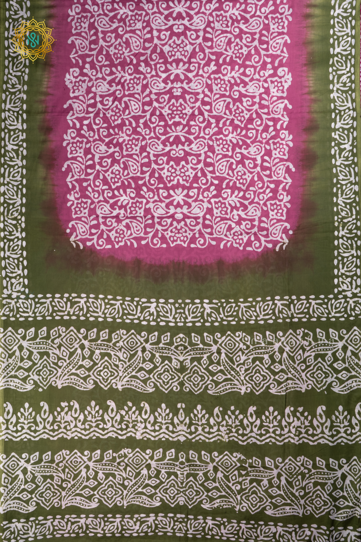 Pink With Green Printed Cotton Saree With Contrast Border & Pallu