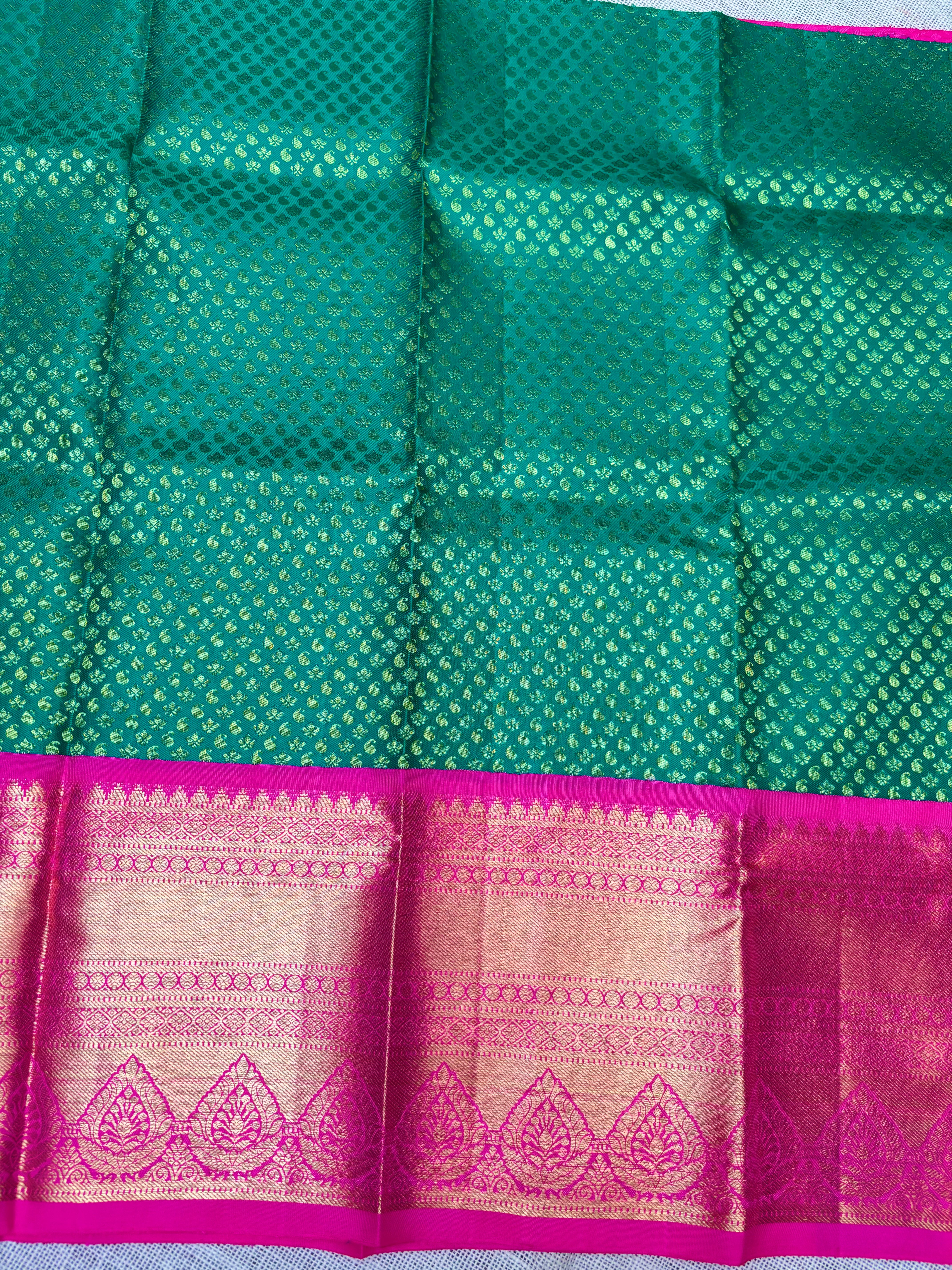Green with Pink Pure Kanjivaram Silk Unstitched Kids’ Lehenga Fabric with All-Over Zari Buttas and Zari Border