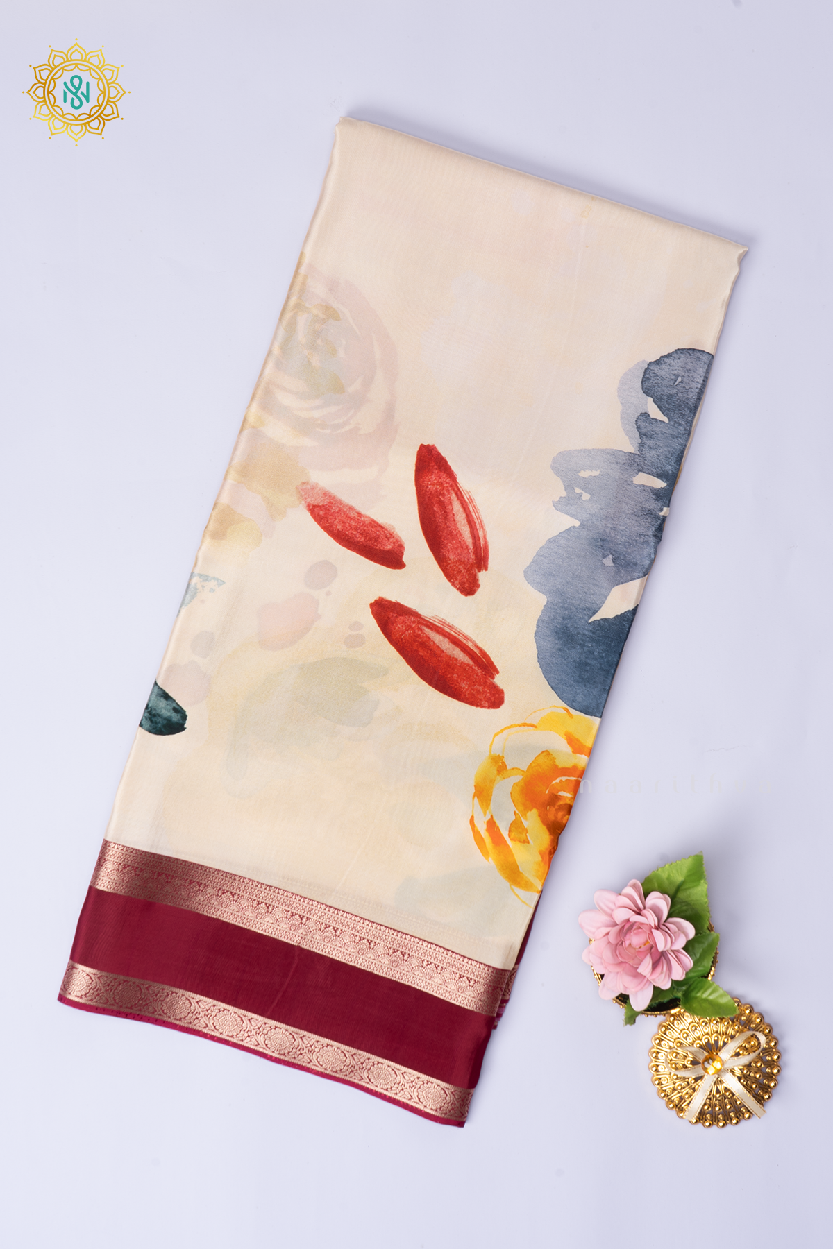 Off White With Maroon Printed Semi Crepe Silk Saree with Contrast Bentex Zari Border