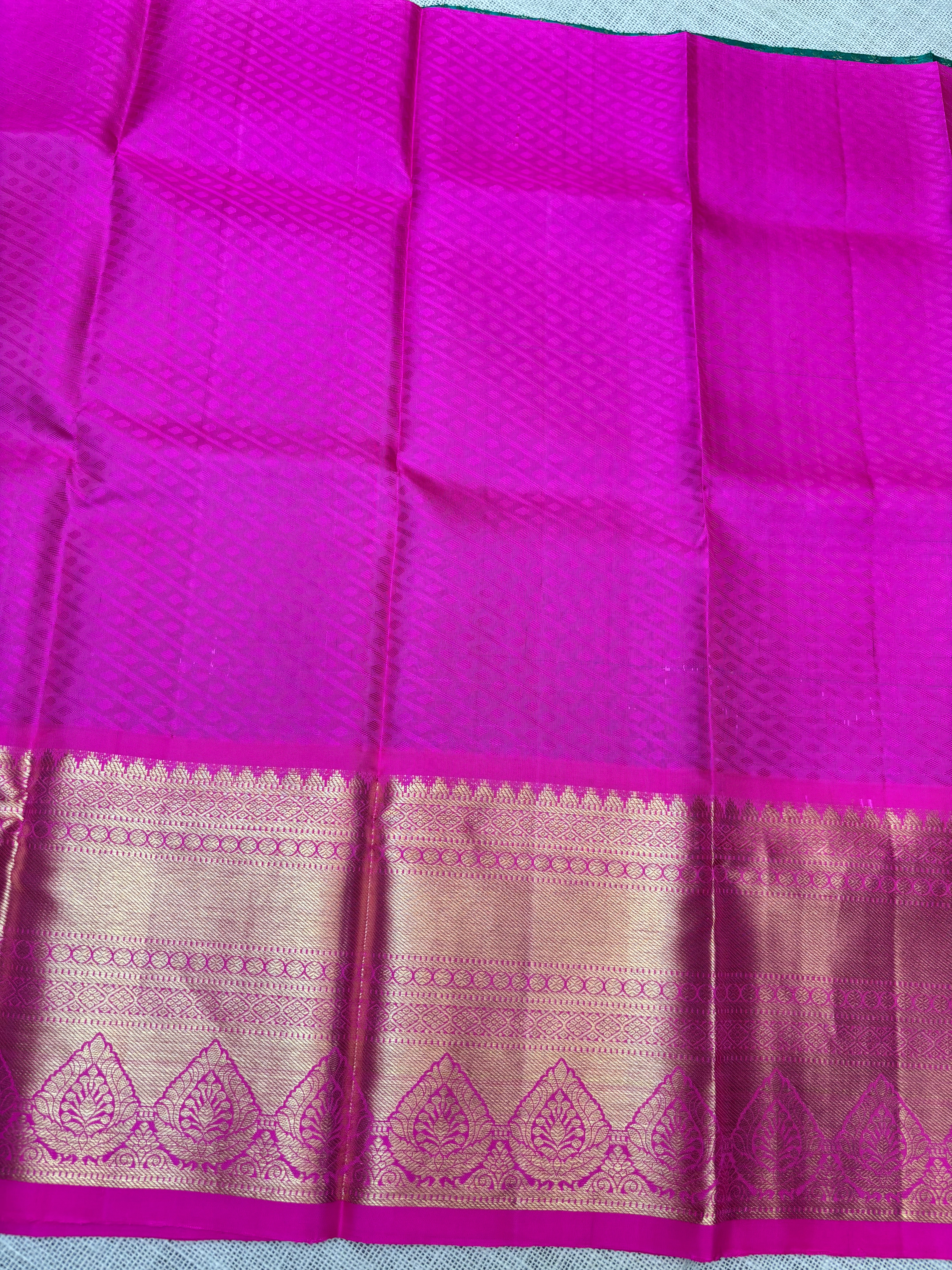 Green with Pink Pure Kanjivaram Silk Unstitched Kids’ Lehenga Fabric with All-Over Zari Buttas and Zari Border