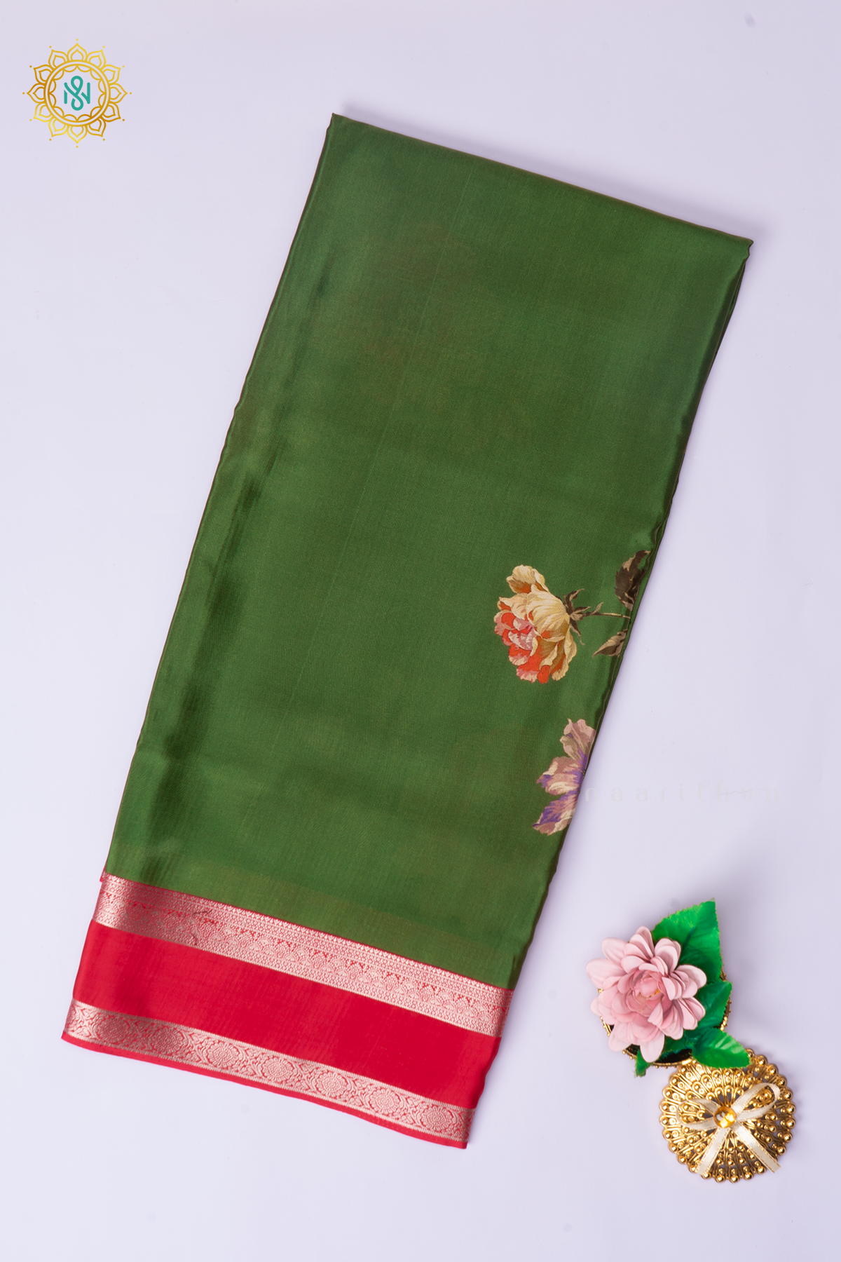 Parrot Green With Reddish Pink Printed Semi Crepe Silk Saree with Contrast Bentex Zari Border