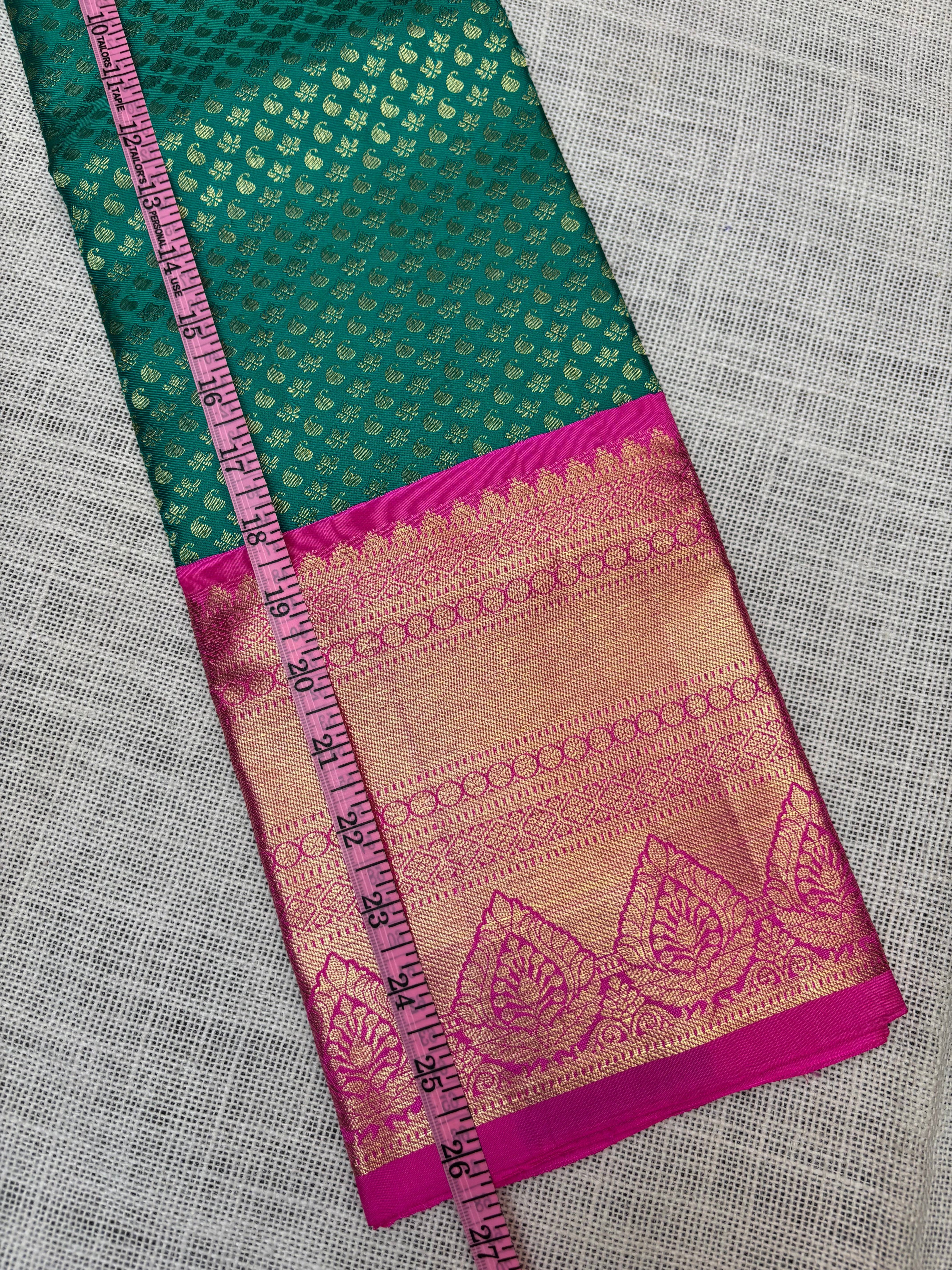 Green with Pink Pure Kanjivaram Silk Unstitched Kids’ Lehenga Fabric with All-Over Zari Buttas and Zari Border