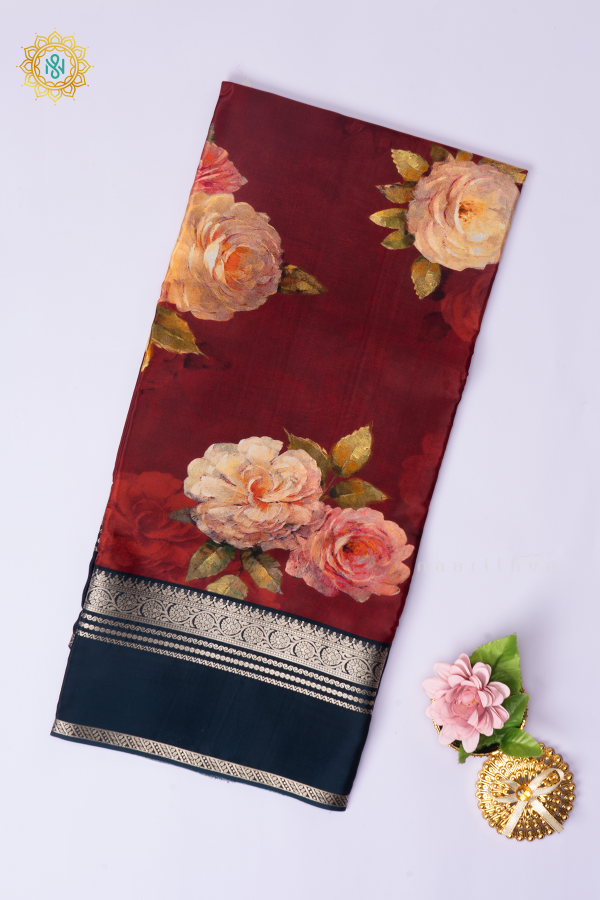 Maroon With Peacock Blue Printed Semi Crepe Silk Saree with Contrast Bentex Zari Border