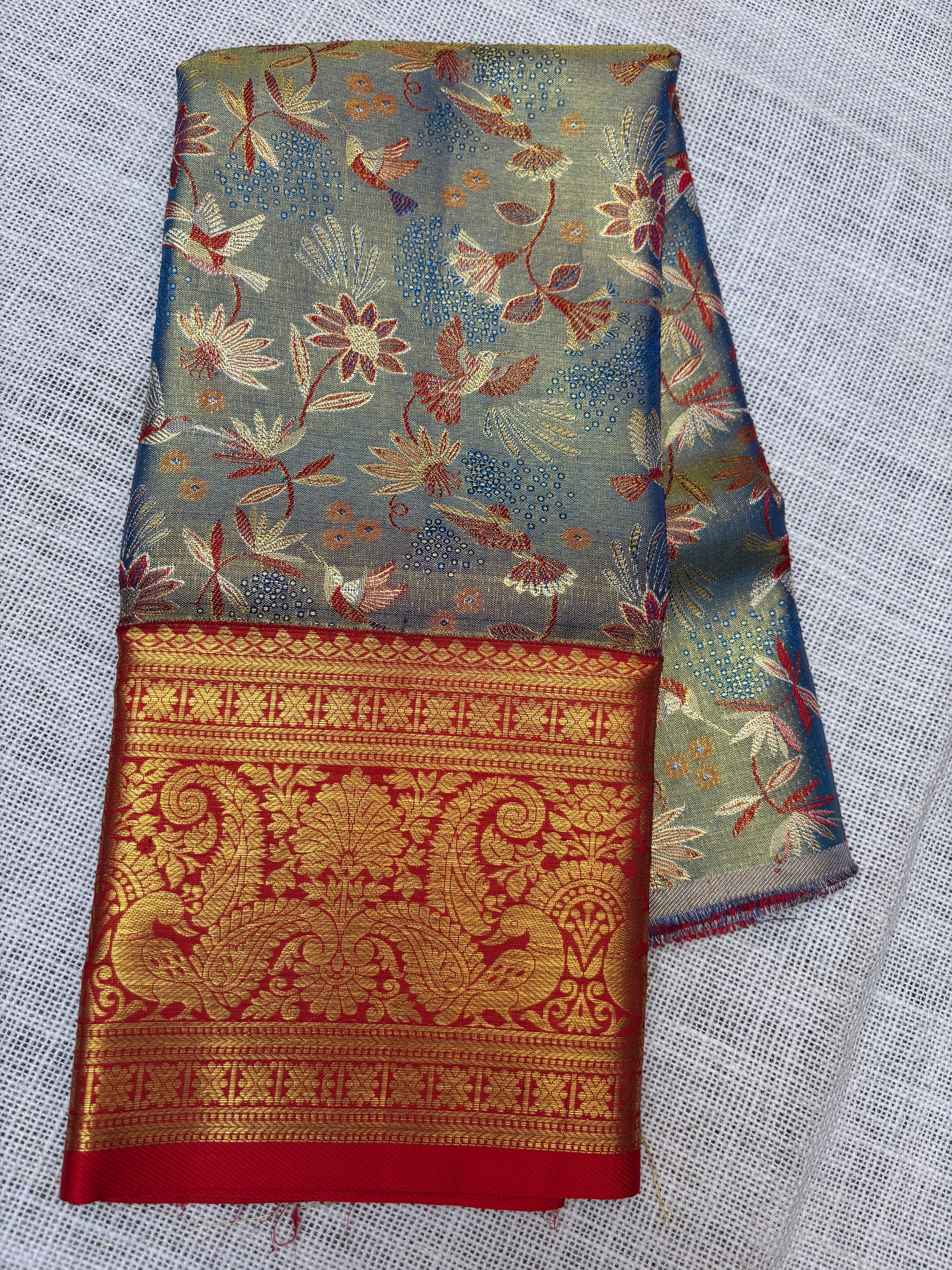 Dual Shade of Blue with Red Pure Kanjivaram Silk Unstitched Kids’ Lehenga Fabric with All-Over Zari Brocade and Zari Border