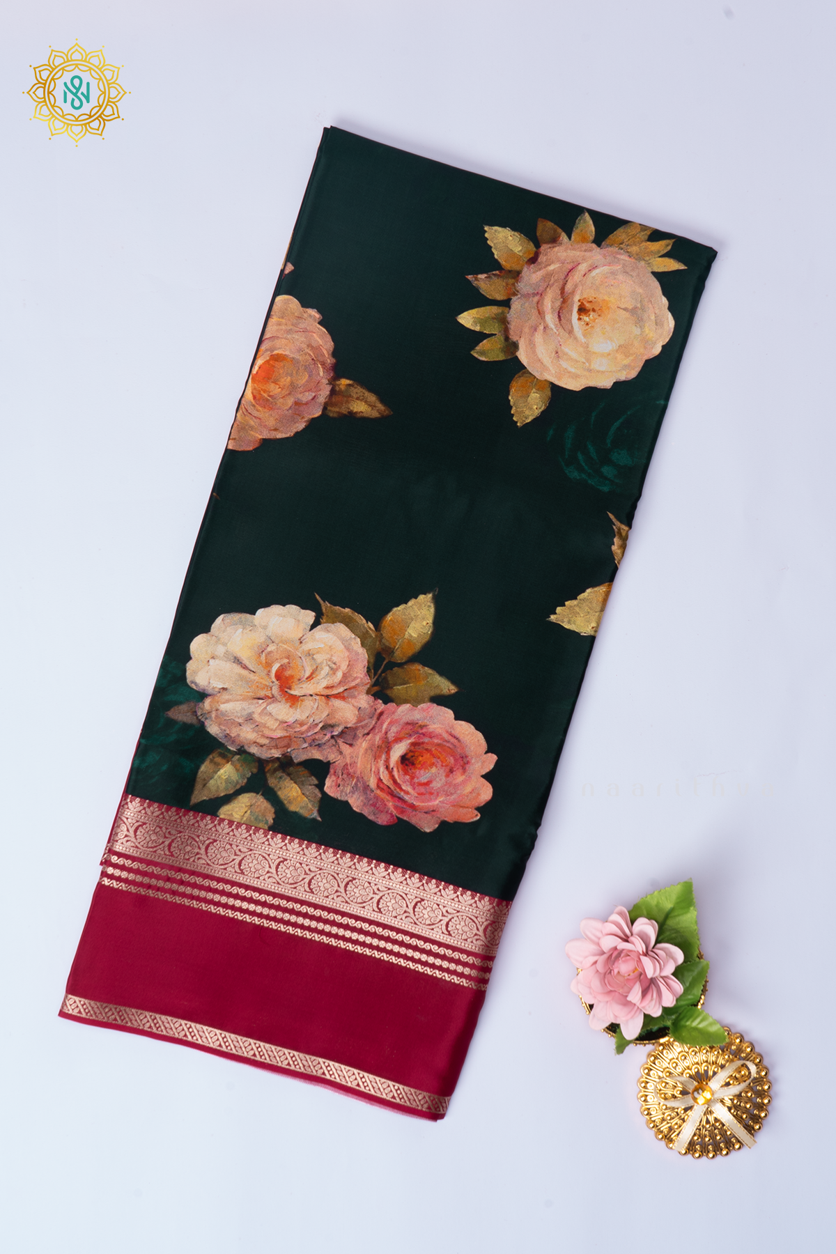Bottle Green With Pink Printed Semi Crepe Silk Saree with Contrast Bentex Zari Border