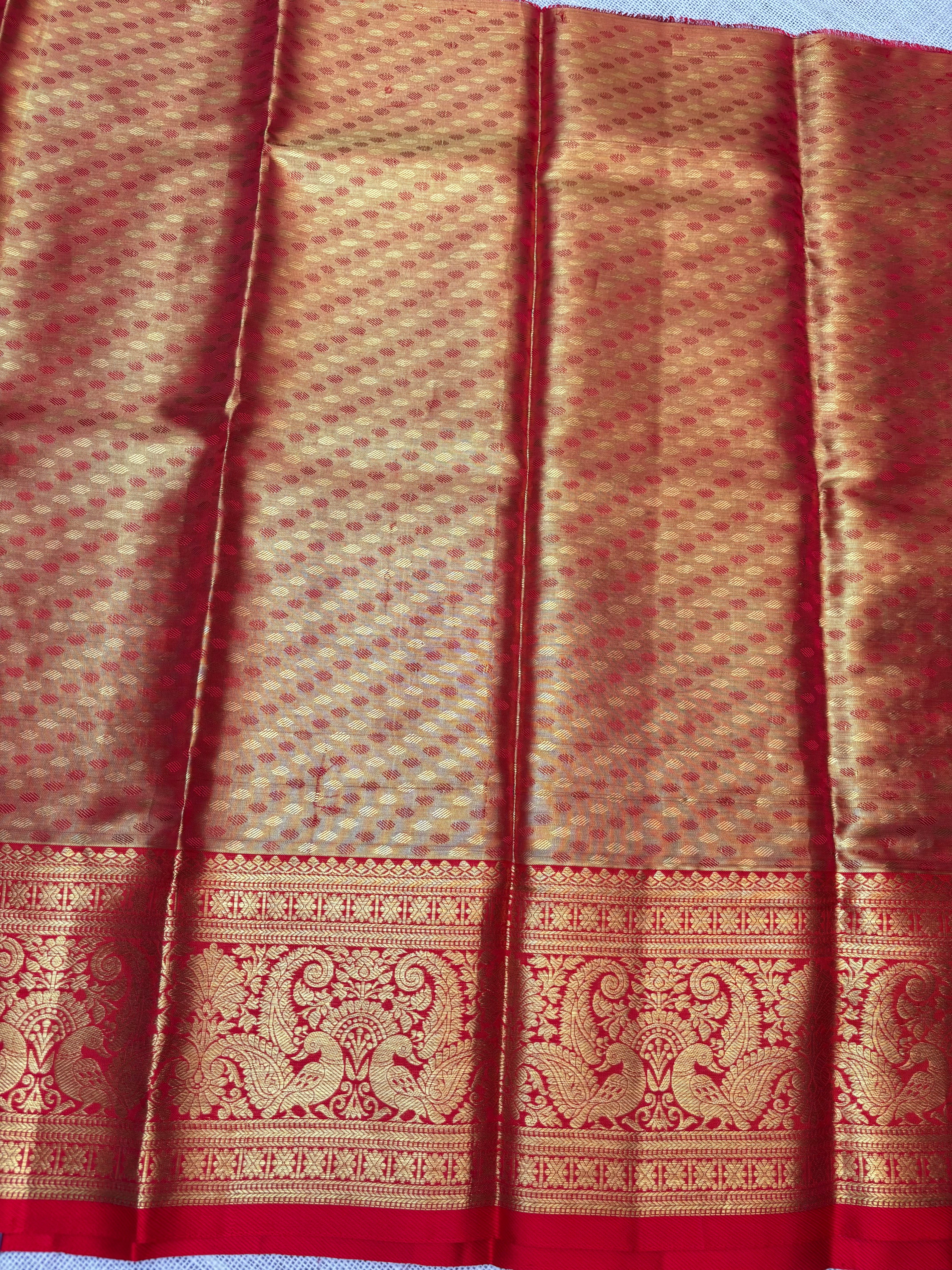 Dual Shade of Blue with Red Pure Kanjivaram Silk Unstitched Kids’ Lehenga Fabric with All-Over Zari Brocade and Zari Border