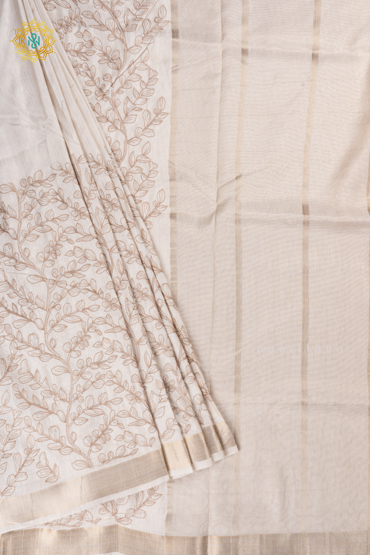 White With Light Brown Semi Tussar Silk Saree With Thread Embroidery Body & Pallu