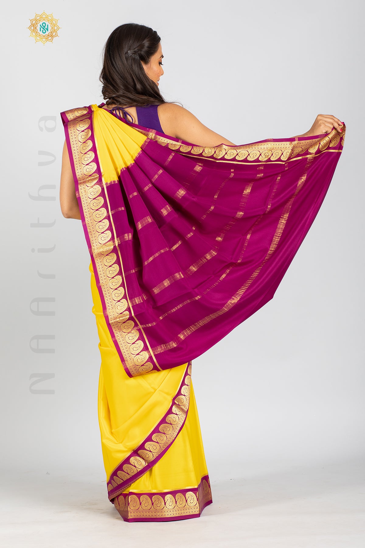 YELLOW WITH PURPLE - PURE MYSORE CREPE SILK WITH PLAIN BODY AND CONTRAST MANGO BORDER