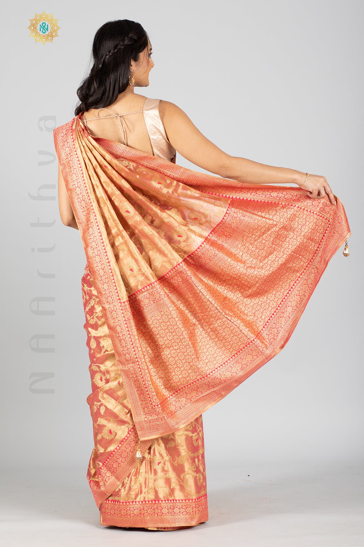 PINK TISSUE SILK IN MEENA WORK ALLOVER THE BODY WITH ZARI WOVEN PALLU & TISSUE BLOUSE