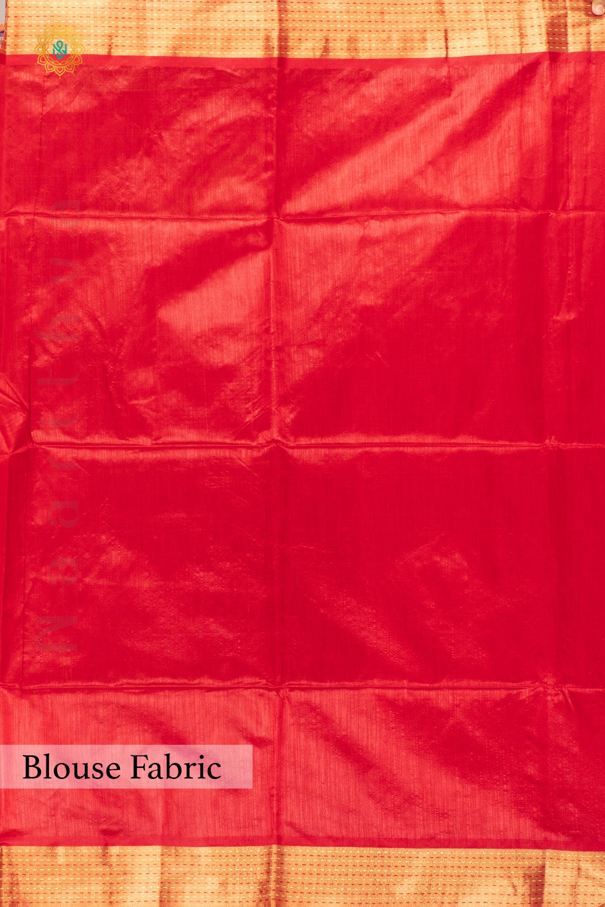 DARK PEACH WITH RED - SEMI RAW SILK WITH BANDHANI WEAVING BUTTAS & KATHA WORK ZARI BORDER