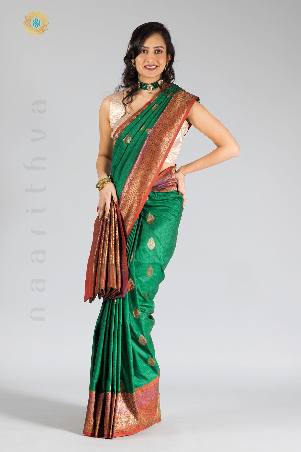 GREEN - PURE MATKA DUPION SILK WITH ZARI WOVEN BUTTA & CONTRAST BLOUSE