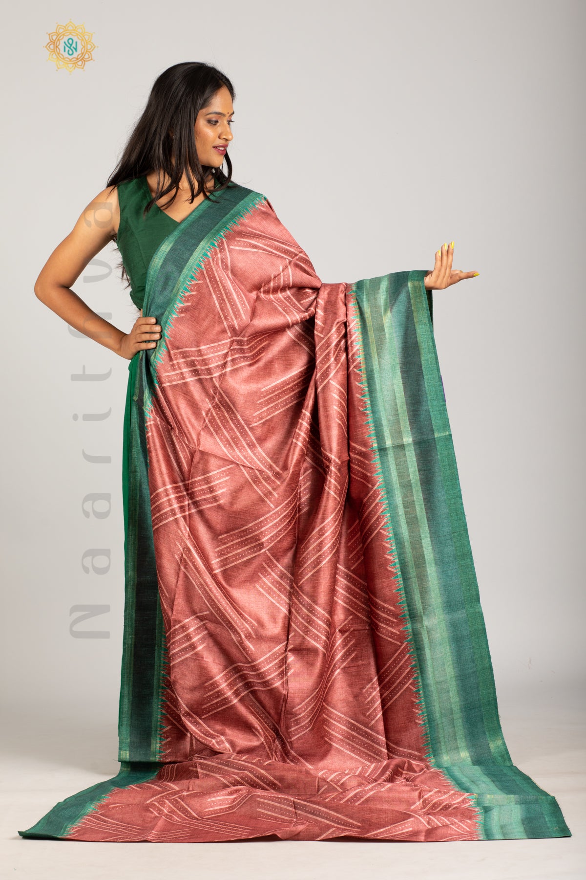 REDDISH BROWN WITH GREEN - SEMI TUSSAR WITH GEOMETRICAL PRINTS