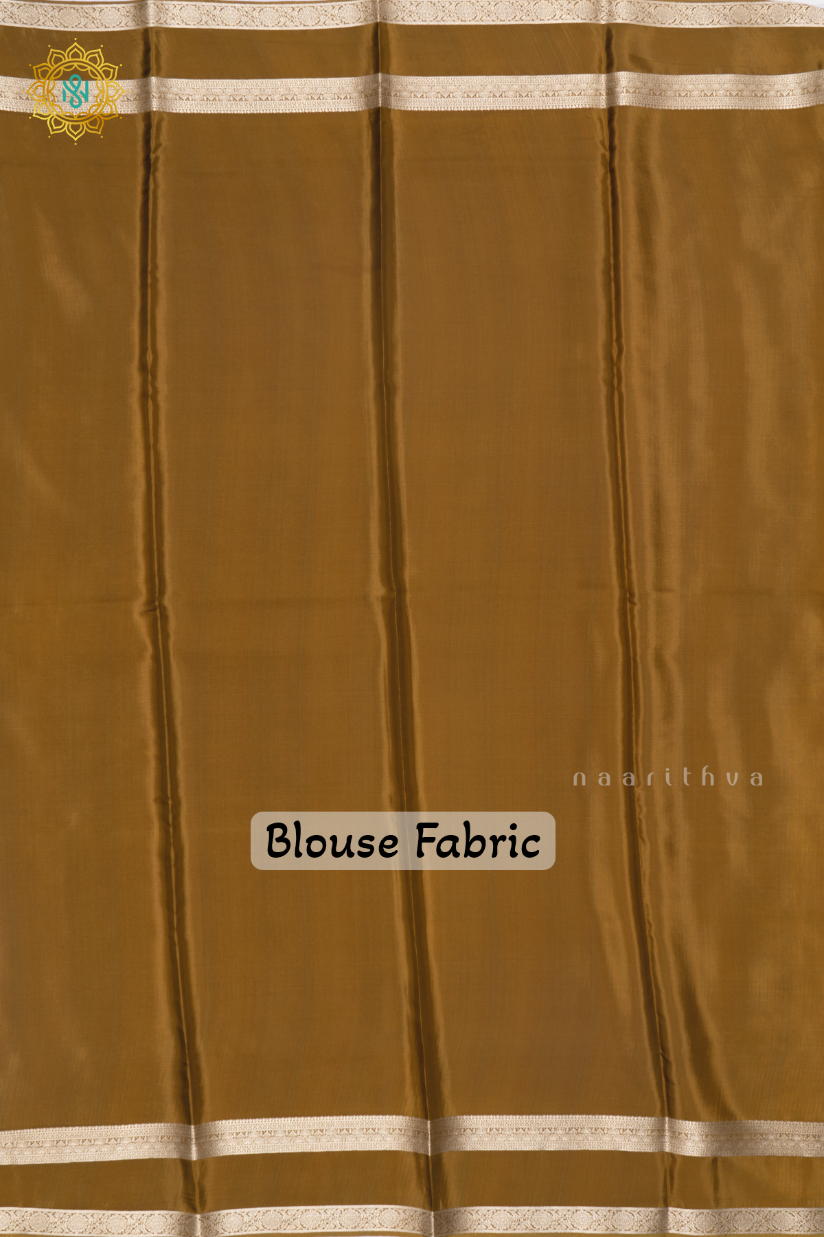 Parrot Green With Mustard Printed Semi Crepe Silk Saree with Contrast Bentex Zari Border