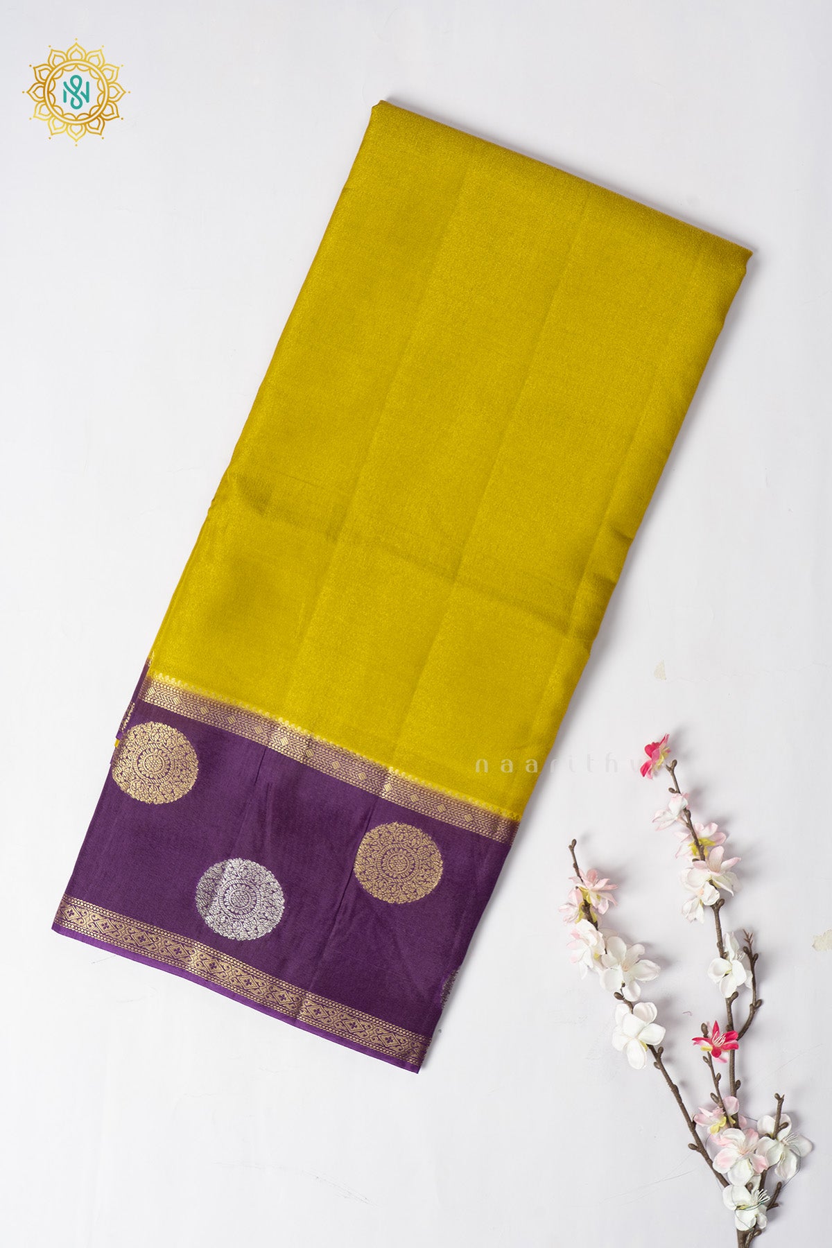 Yellow with Purple Semi Crepe Silk Saree with Tissue Body and Zari Gap Border, Pallu