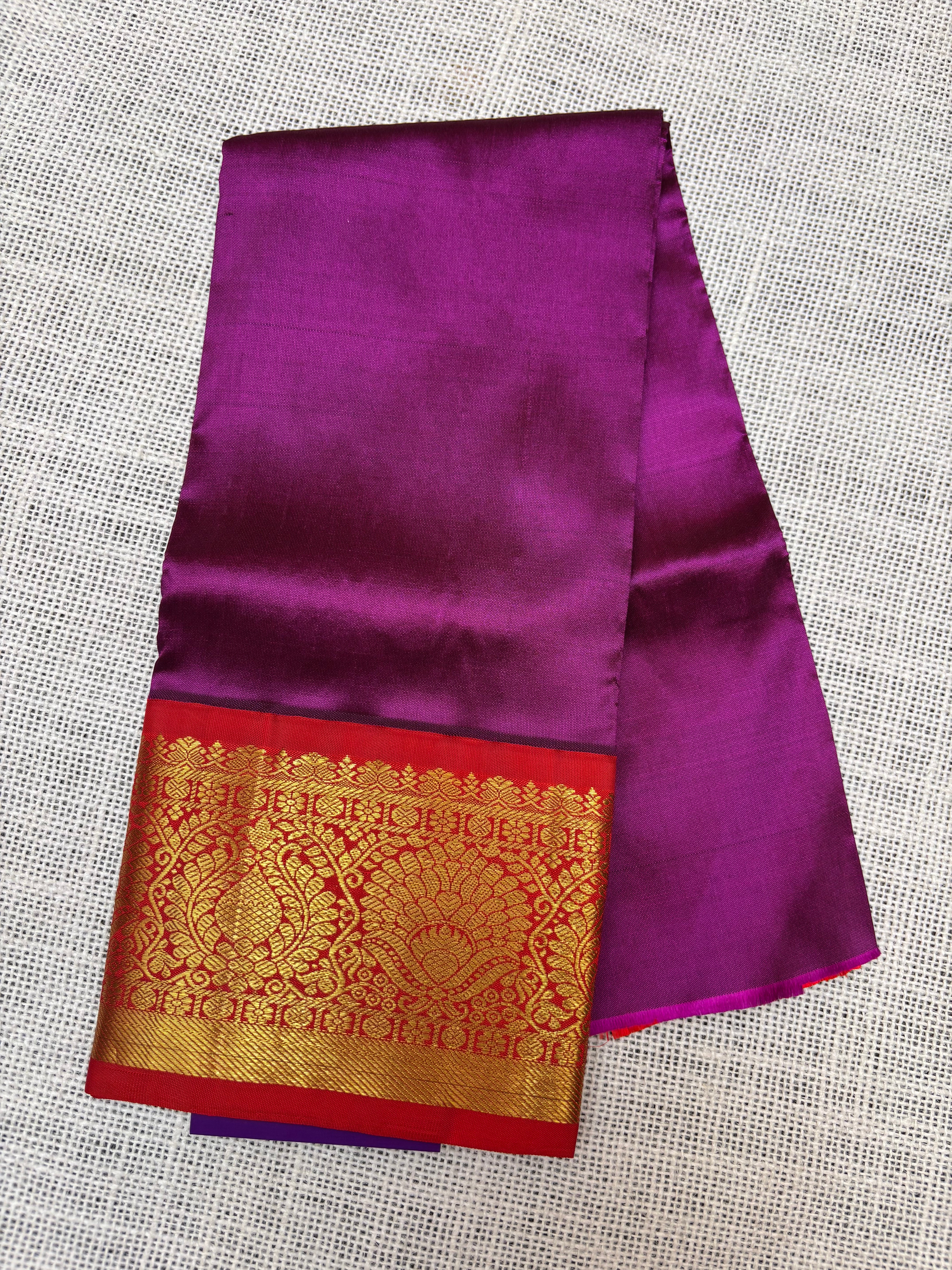 Purple with Red Pure Kanjivaram Silk Unstitched Kids’ Lehenga Fabric – Plain Body with Zari Border