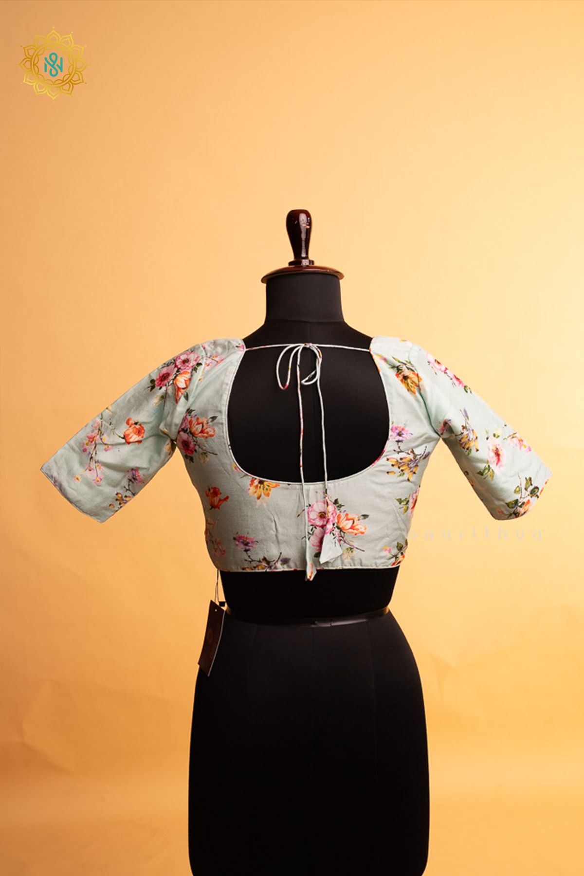 Light Blue Dola Silk Readymade Blouse With Floral Prints