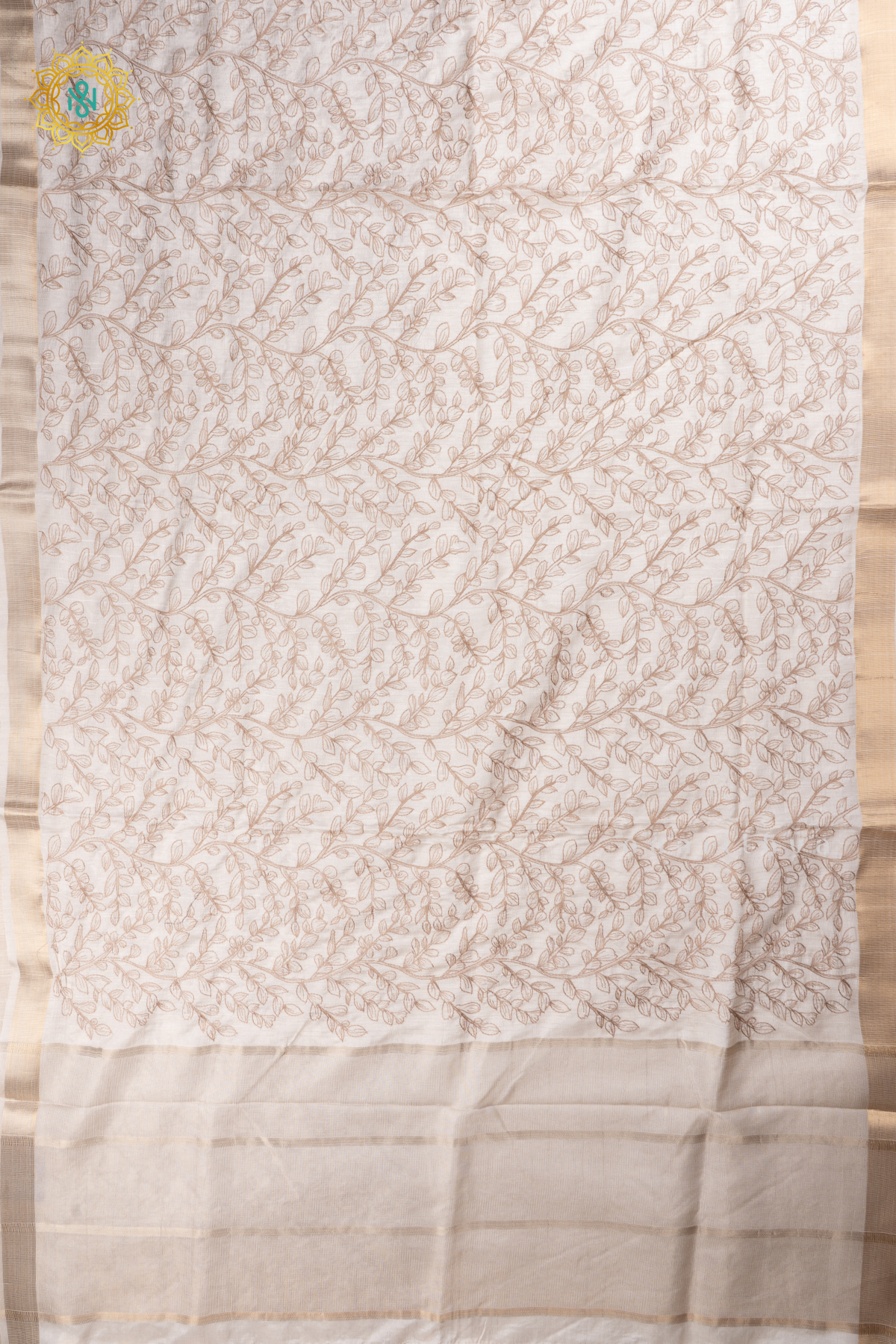 White With Light Brown Semi Tussar Silk Saree With Thread Embroidery Body & Pallu