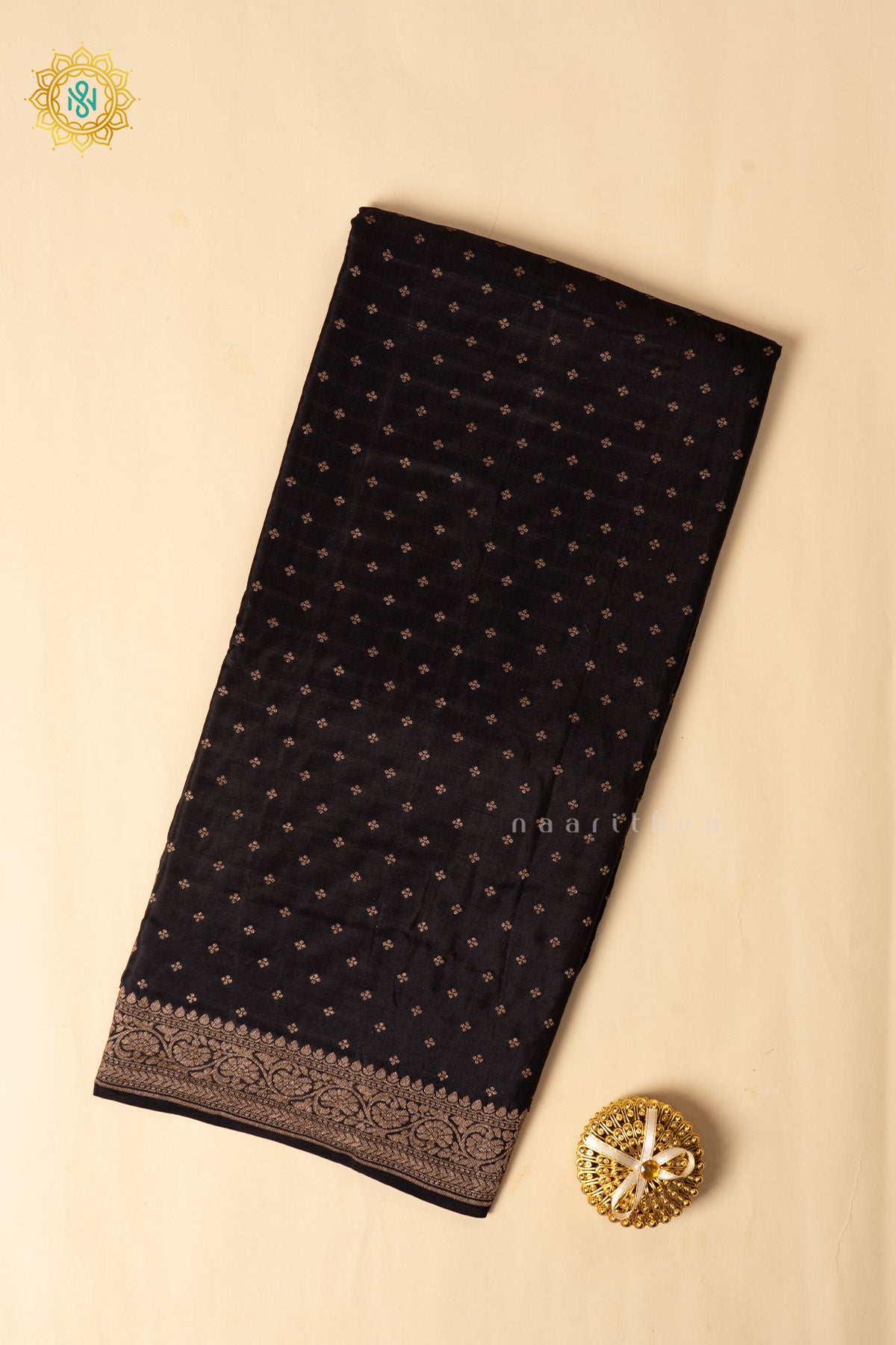 Black Pure Banarasi Crepe Silk Allover Zari Geometric Weaves and Woven Border