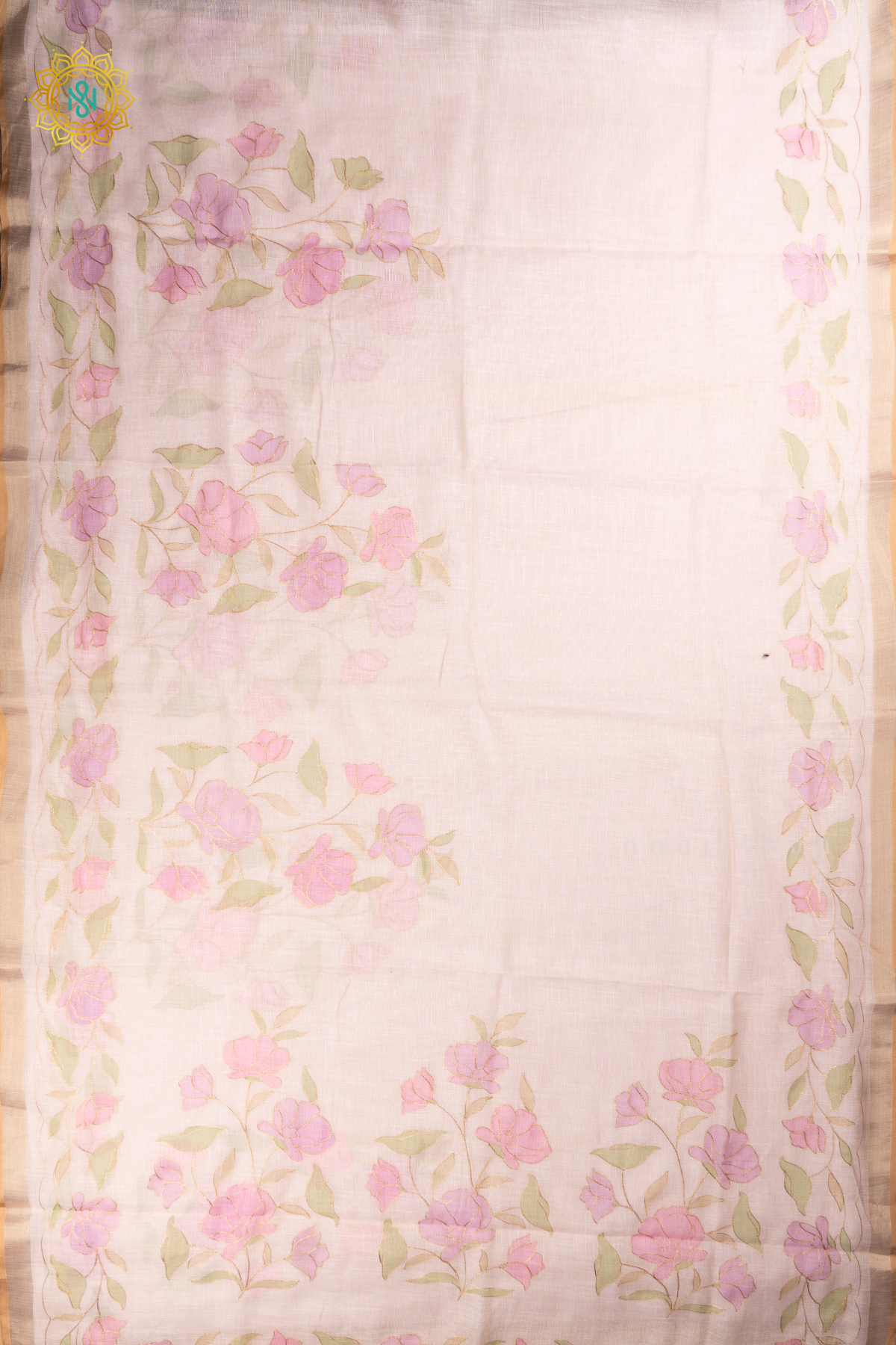 Off White Linen Tissue Saree with Aari Floral Work and Tissue Border