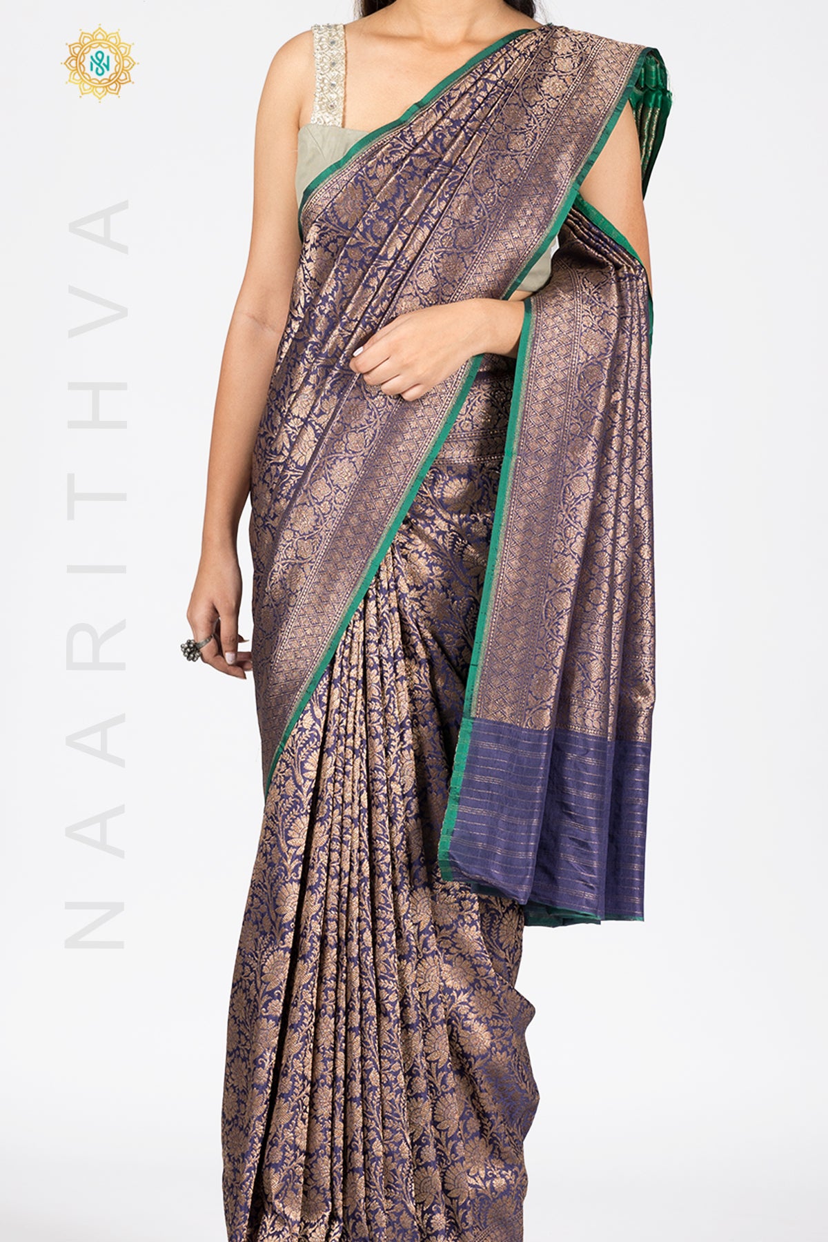 BLUE WITH GREEN - PURE HANDLOOM KATAN SILK WITH ANTIQUE ZARI WEAVES & CONTRAST BLOUSE