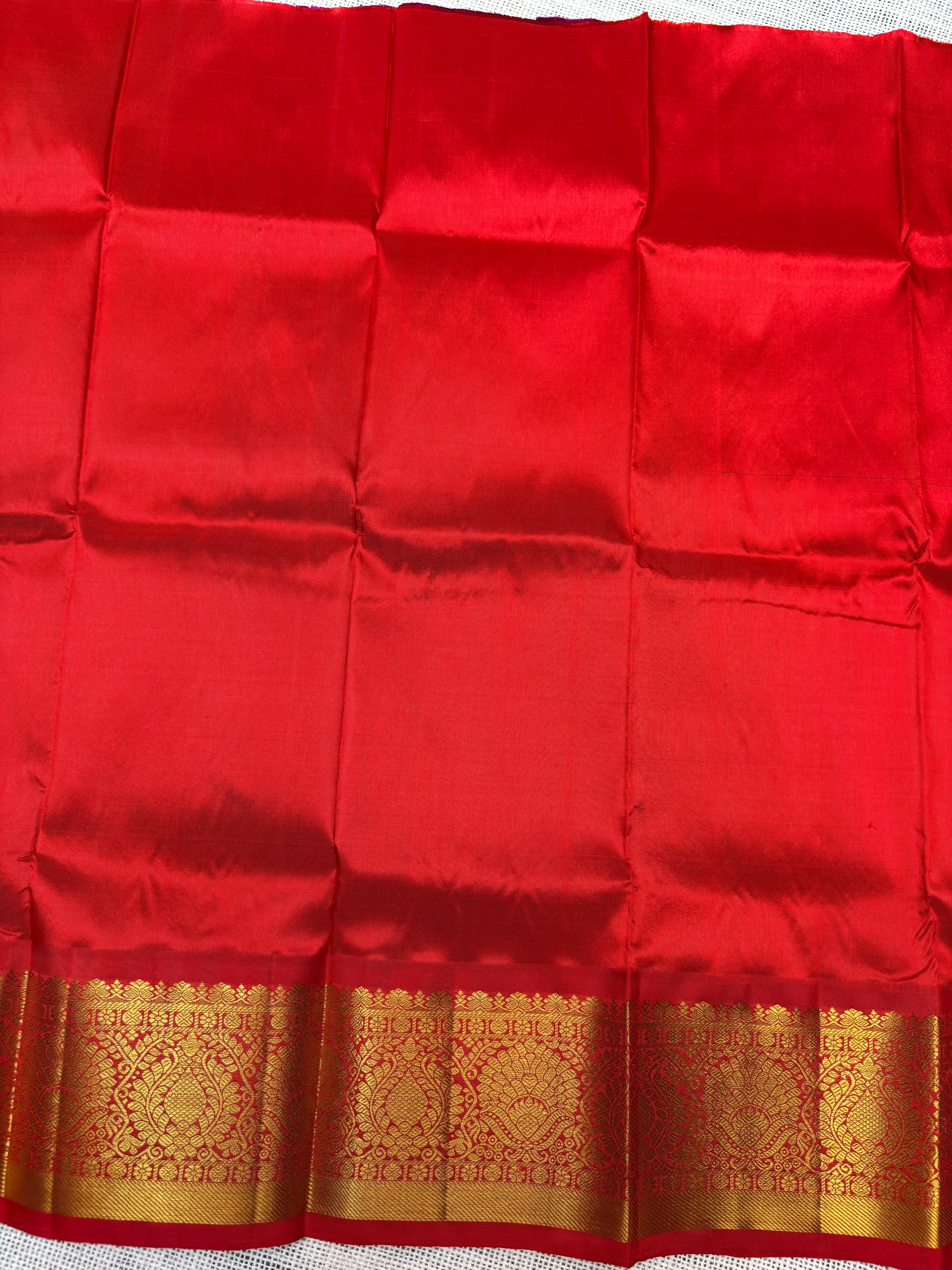Purple with Red Pure Kanjivaram Silk Unstitched Kids’ Lehenga Fabric – Plain Body with Zari Border