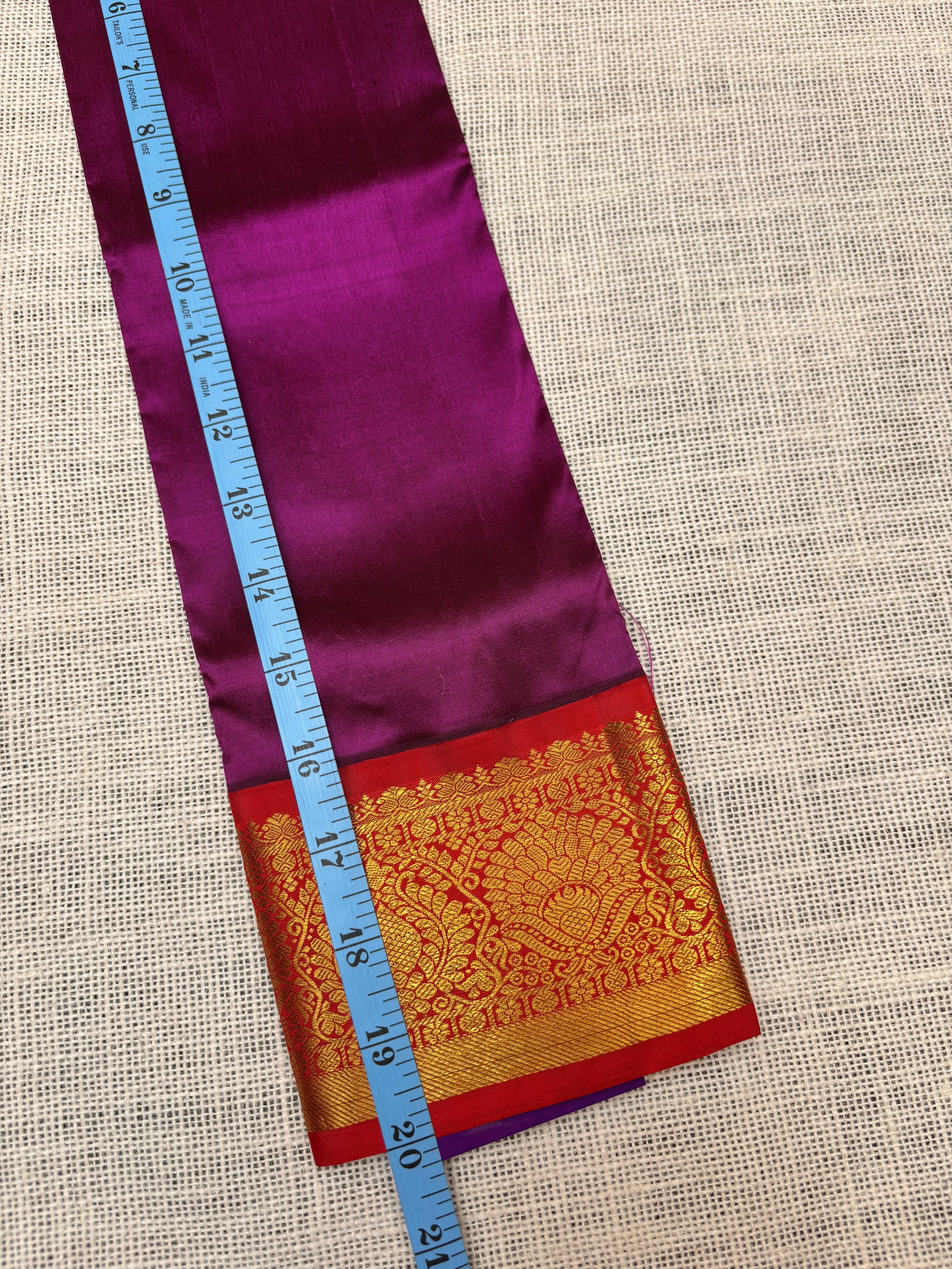 Purple with Red Pure Kanjivaram Silk Unstitched Kids’ Lehenga Fabric – Plain Body with Zari Border