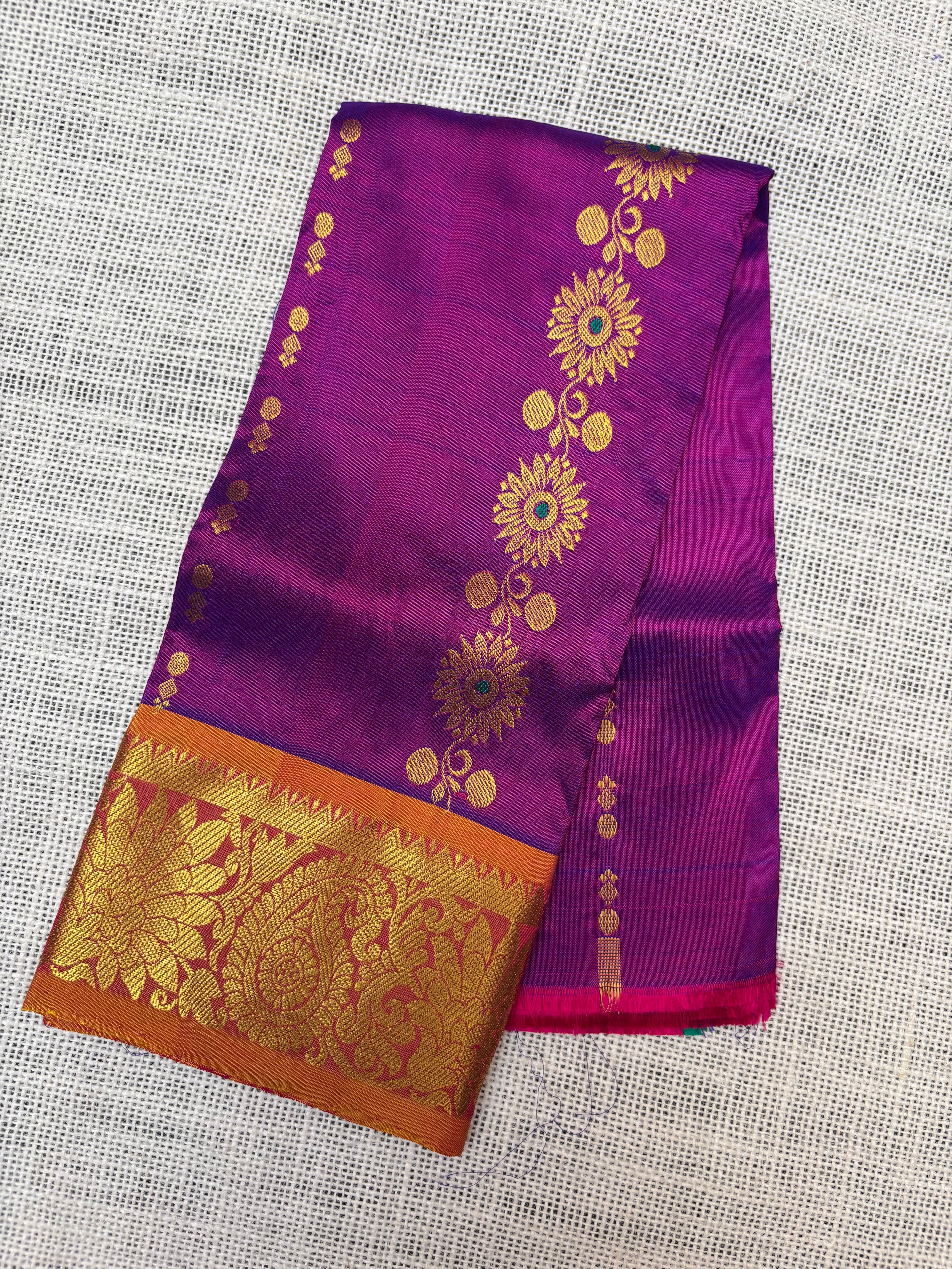 Purple with Orange Pure Kanjivaram Silk Unstitched Kids’ Lehenga Fabric Allover Zari Buttas with Zari Border