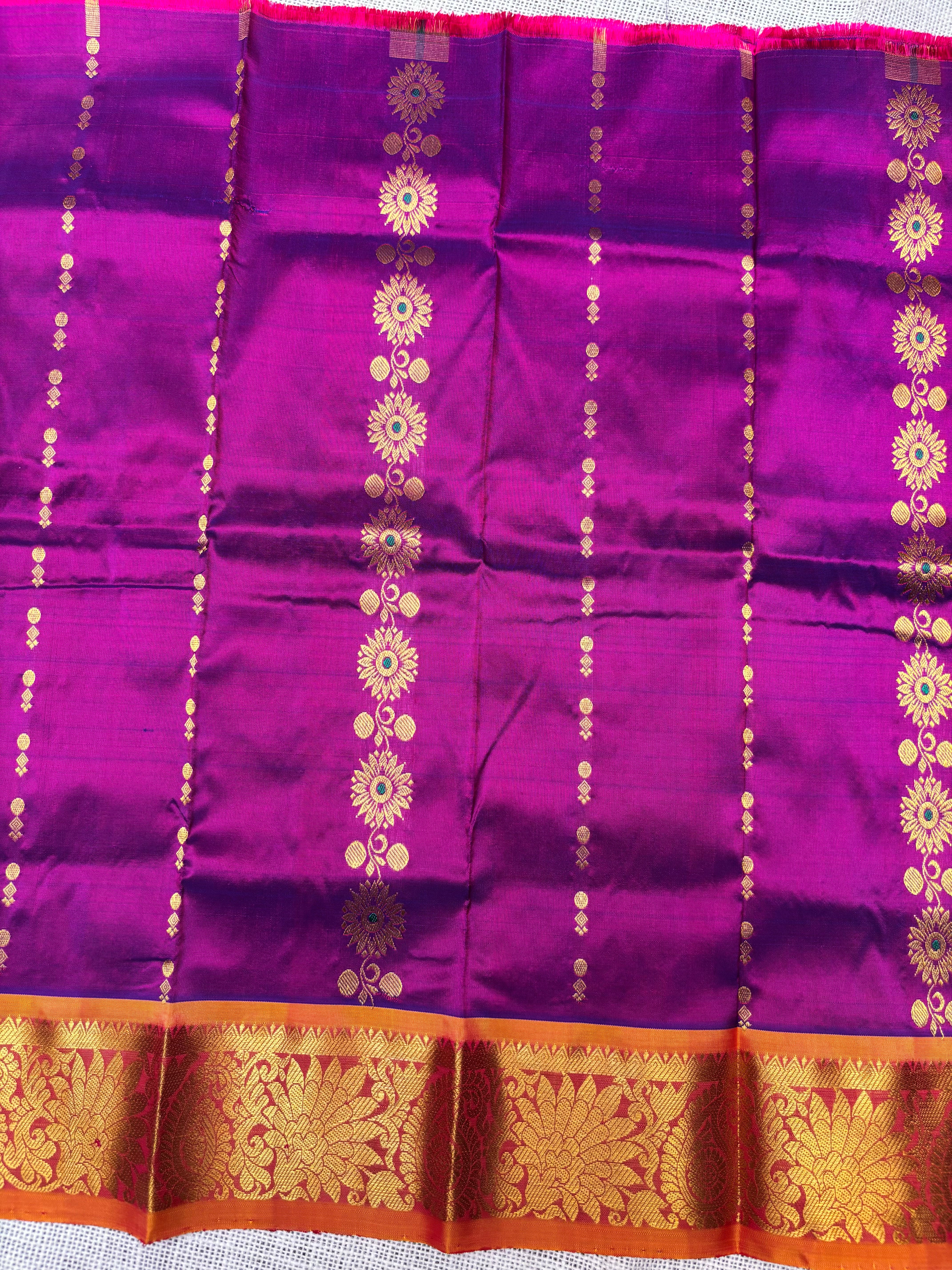Purple with Orange Pure Kanjivaram Silk Unstitched Kids’ Lehenga Fabric Allover Zari Buttas with Zari Border