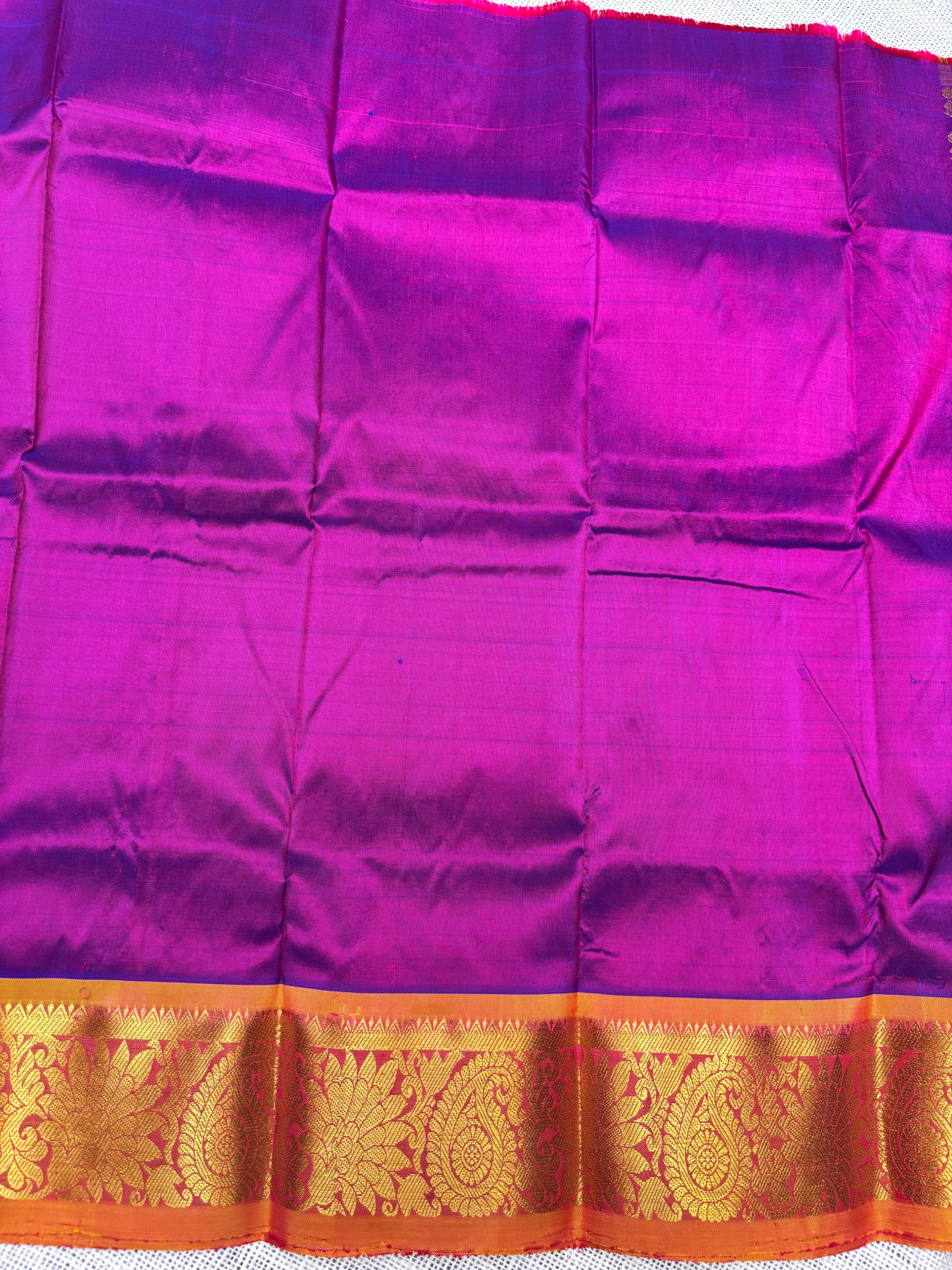 Purple with Orange Pure Kanjivaram Silk Unstitched Kids’ Lehenga Fabric Allover Zari Buttas with Zari Border