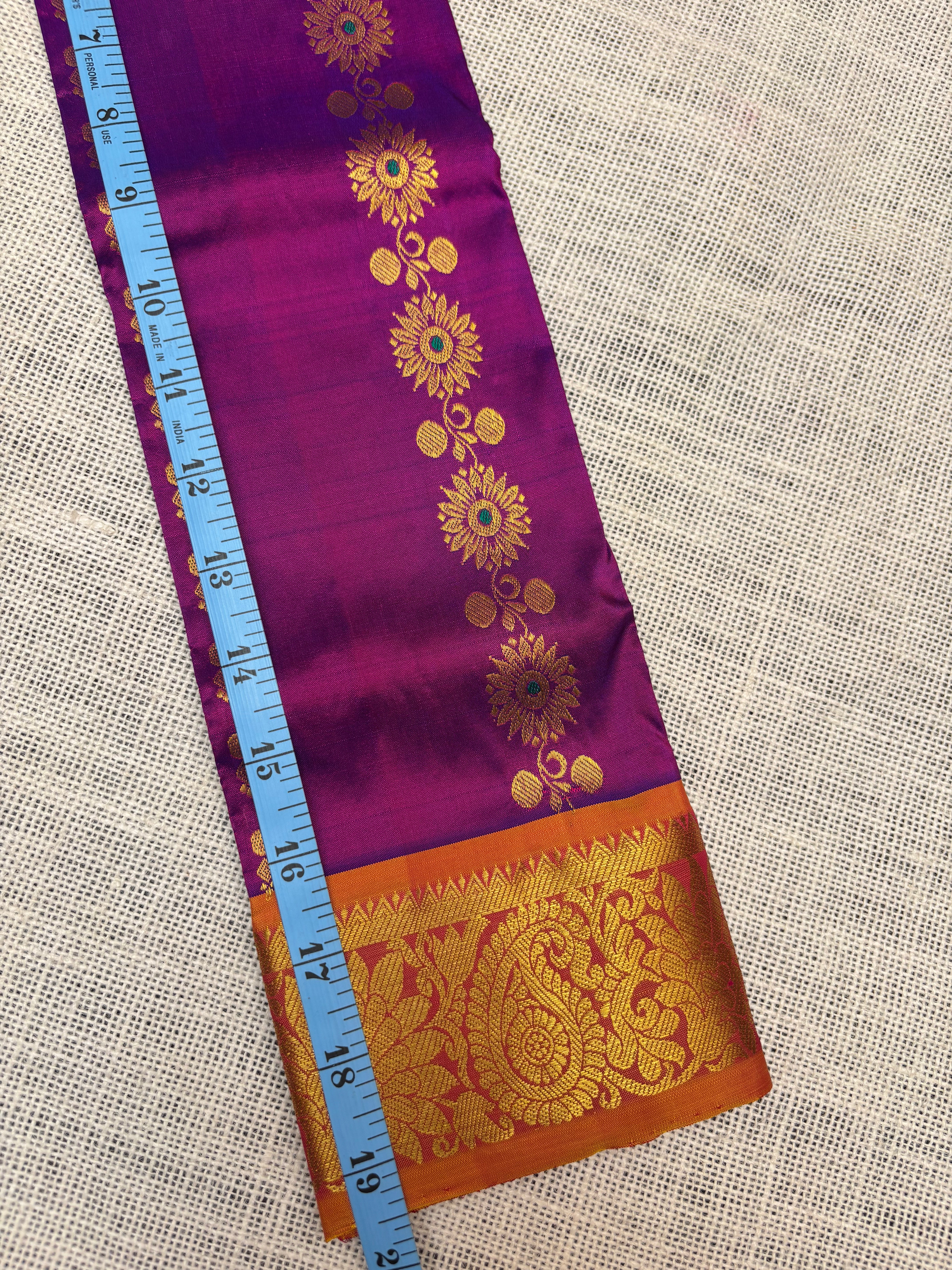 Purple with Orange Pure Kanjivaram Silk Unstitched Kids’ Lehenga Fabric Allover Zari Buttas with Zari Border