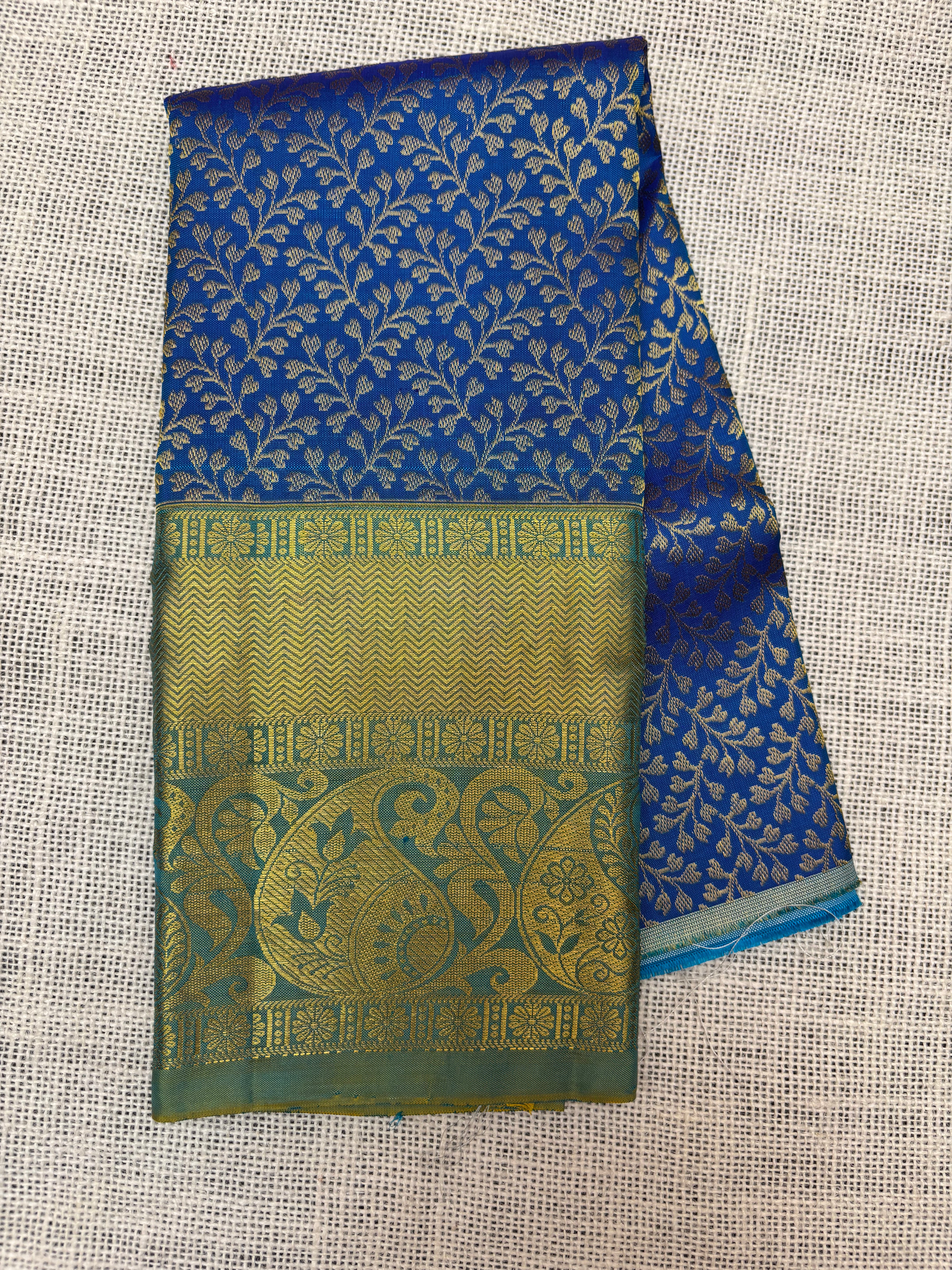 Royal Blue with Dual Shade of Sage Green and Blue Pure Kanjivaram Silk Unstitched Kids’ Lehenga Fabric with All-Over Zari Brocade and Zari Border