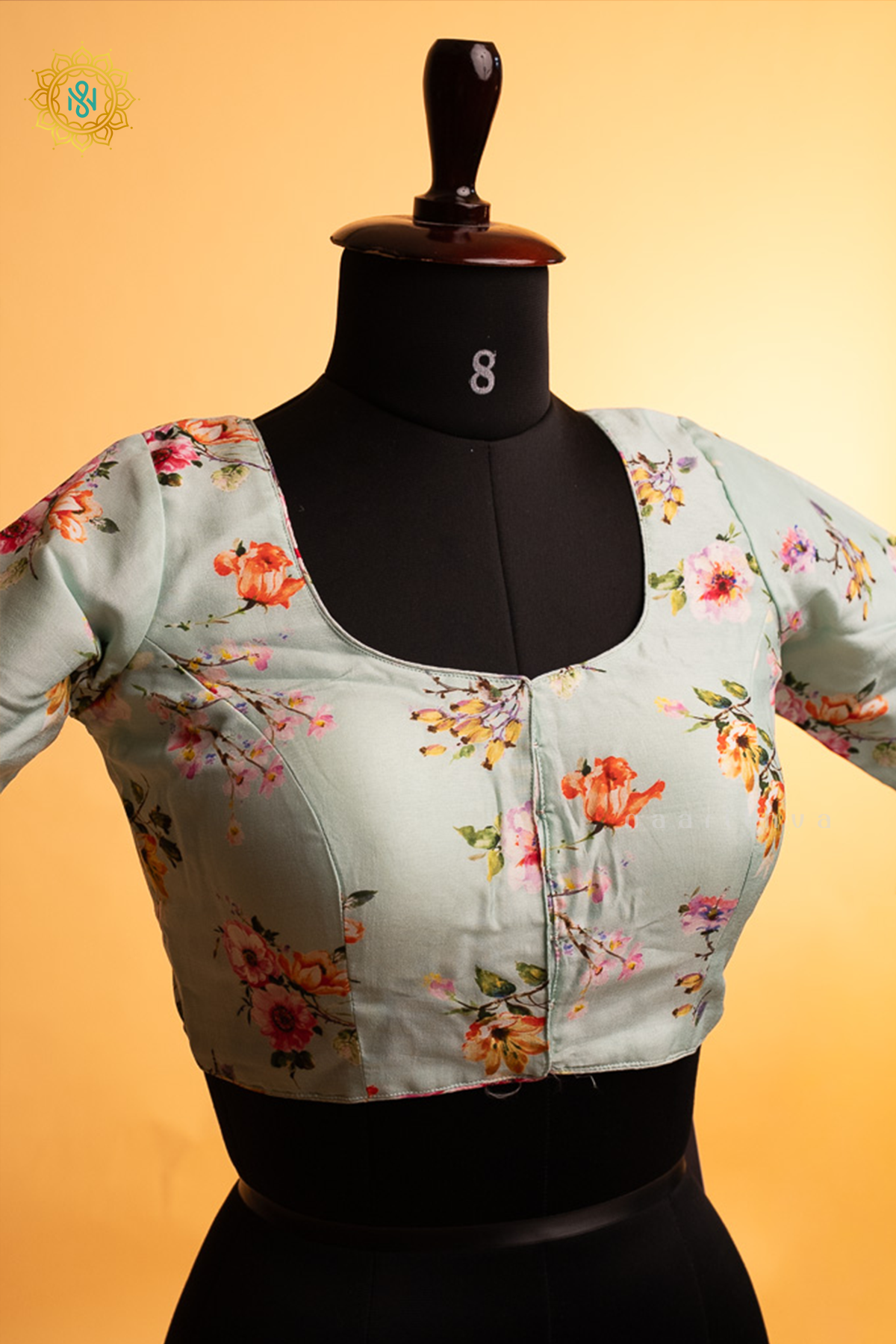 Light Blue Dola Silk Readymade Blouse With Floral Prints