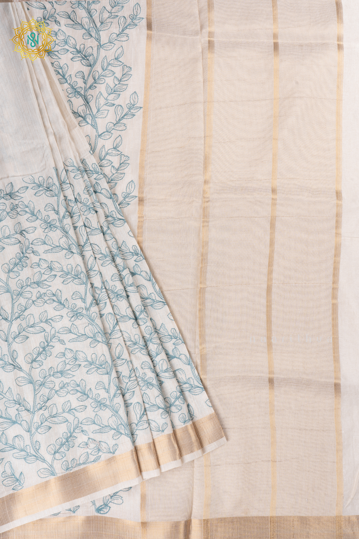 White With Aqua Blue Semi Tussar Silk Saree With Thread Embroidery Body & Pallu