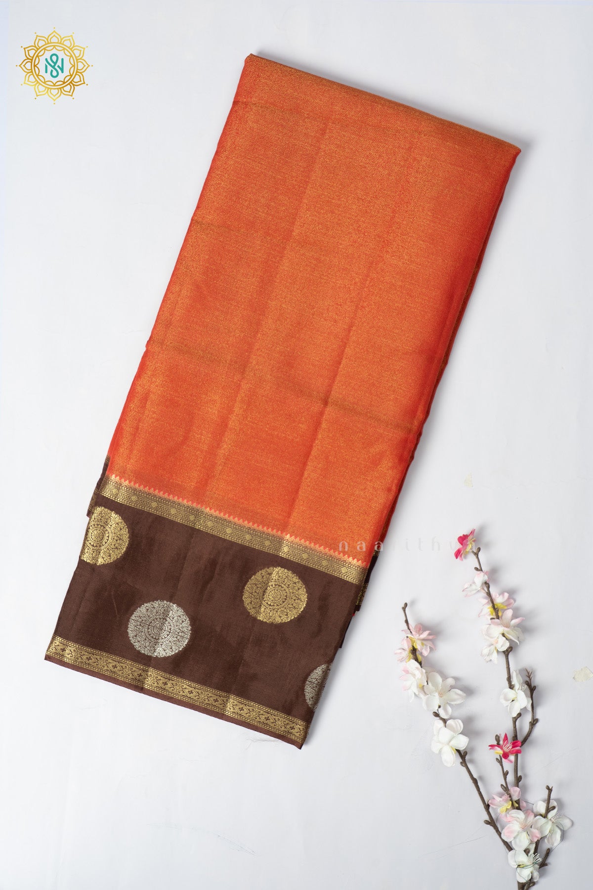 Rust Orange with Brown Semi Crepe Silk Saree with Tissue Body and Zari Gap Border, Pallu