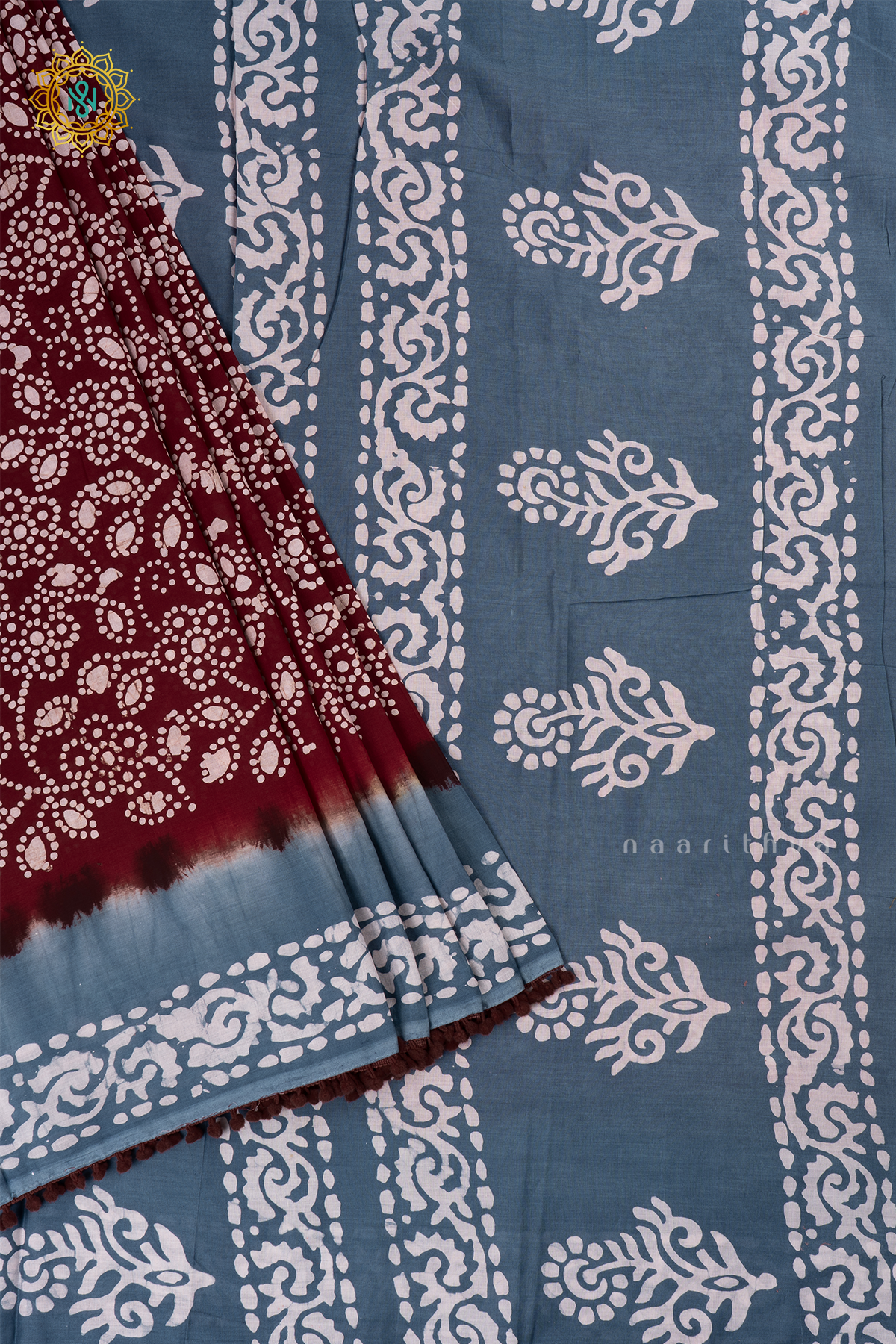 Maroon With Grey Printed Cotton Saree With Contrast Border & Pallu