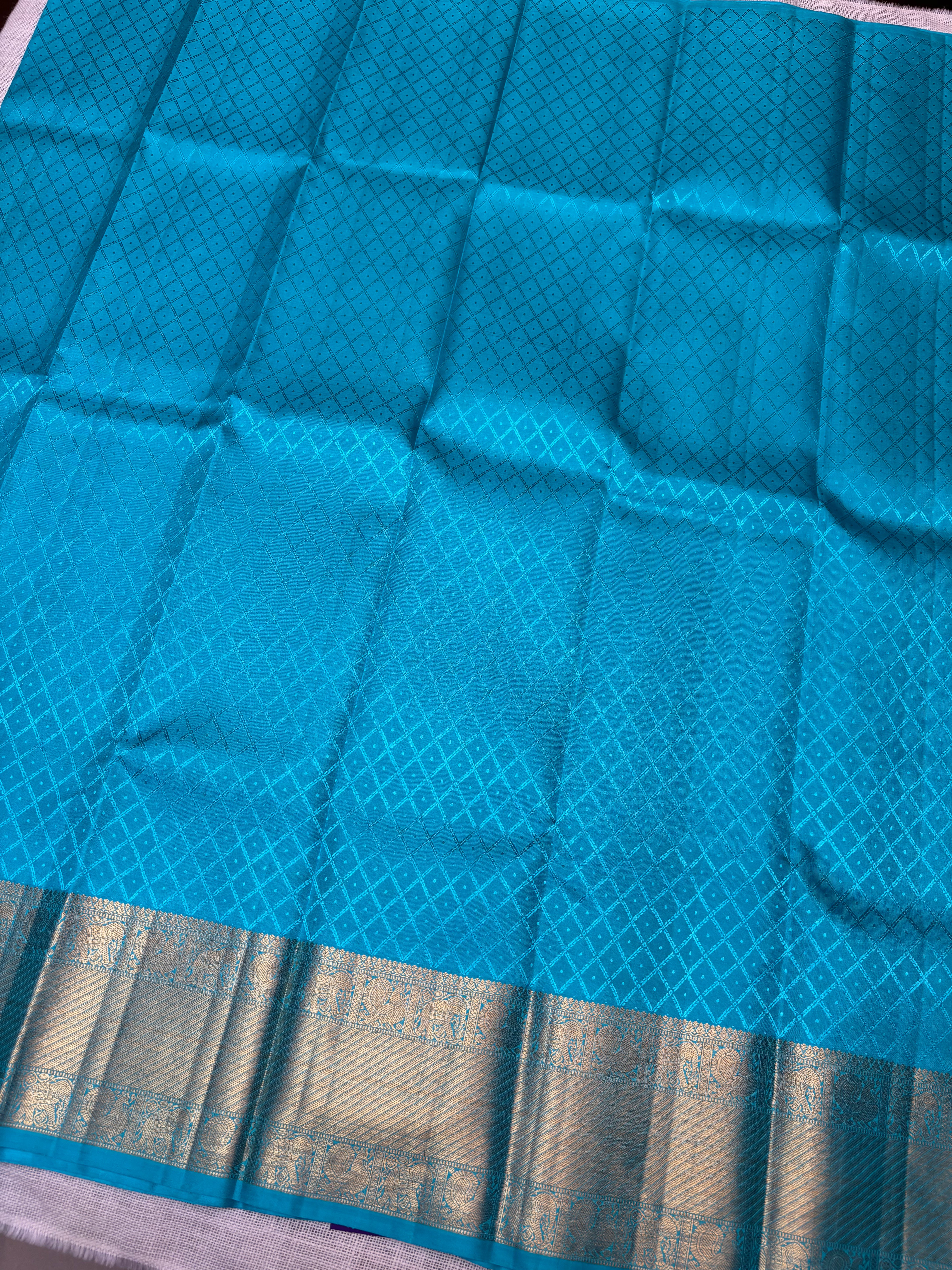 Mustard with Blue Pure Kanjivaram Silk Unstitched Kids’ Lehenga Fabric with All-Over Zari Brocade and Zari Border