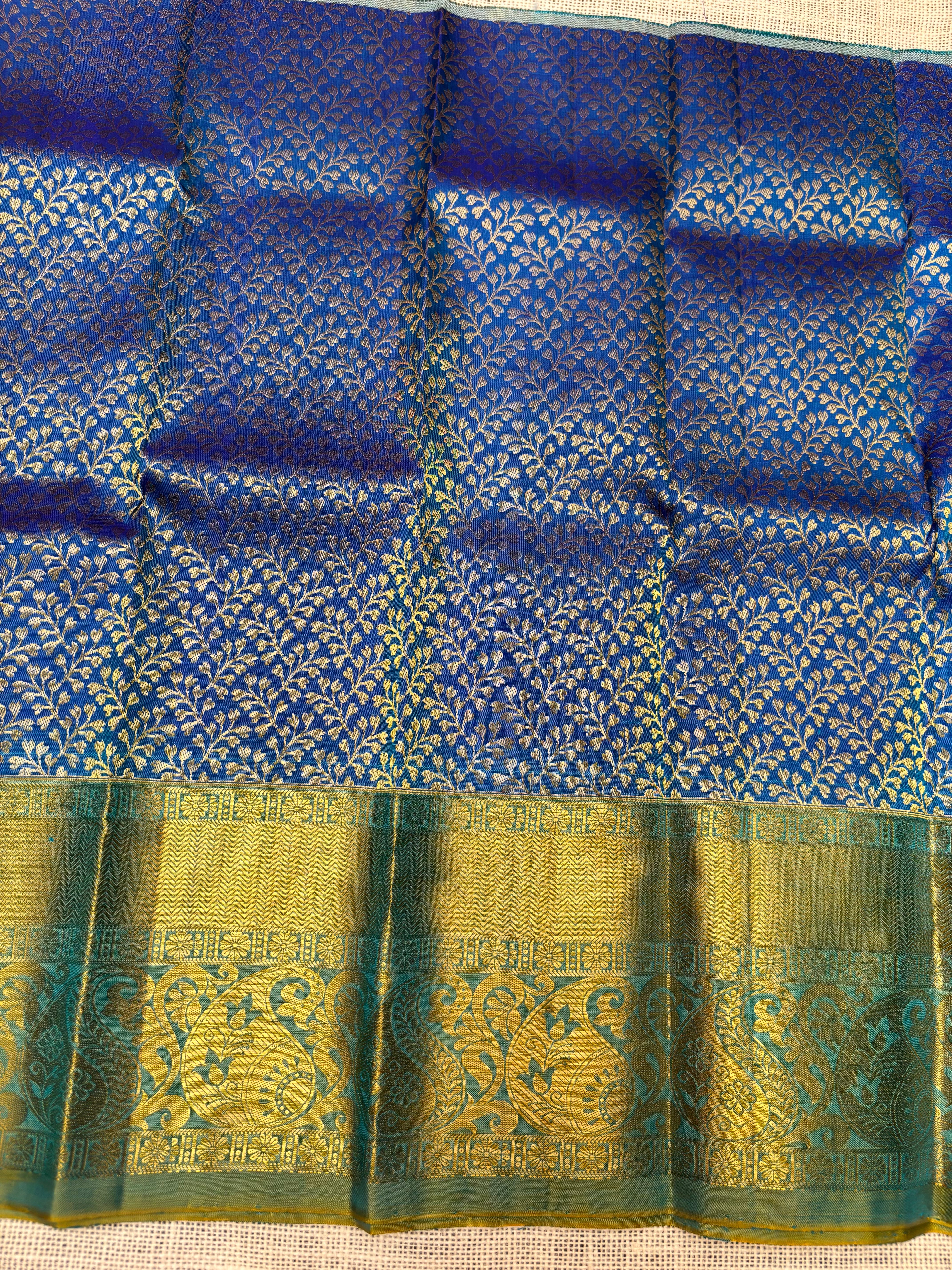 Royal Blue with Dual Shade of Sage Green and Blue Pure Kanjivaram Silk Unstitched Kids’ Lehenga Fabric with All-Over Zari Brocade and Zari Border