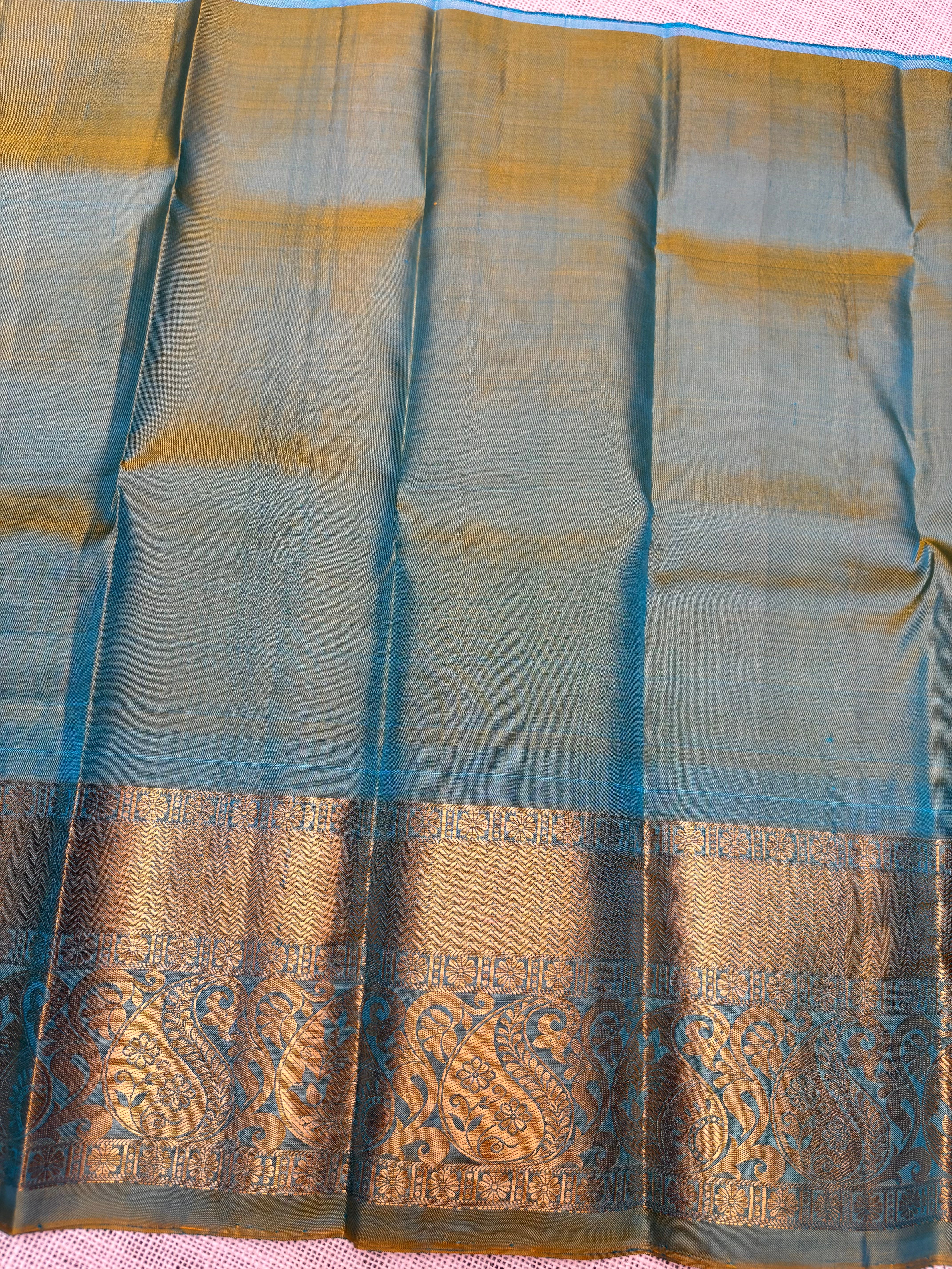 Royal Blue with Dual Shade of Sage Green and Blue Pure Kanjivaram Silk Unstitched Kids’ Lehenga Fabric with All-Over Zari Brocade and Zari Border