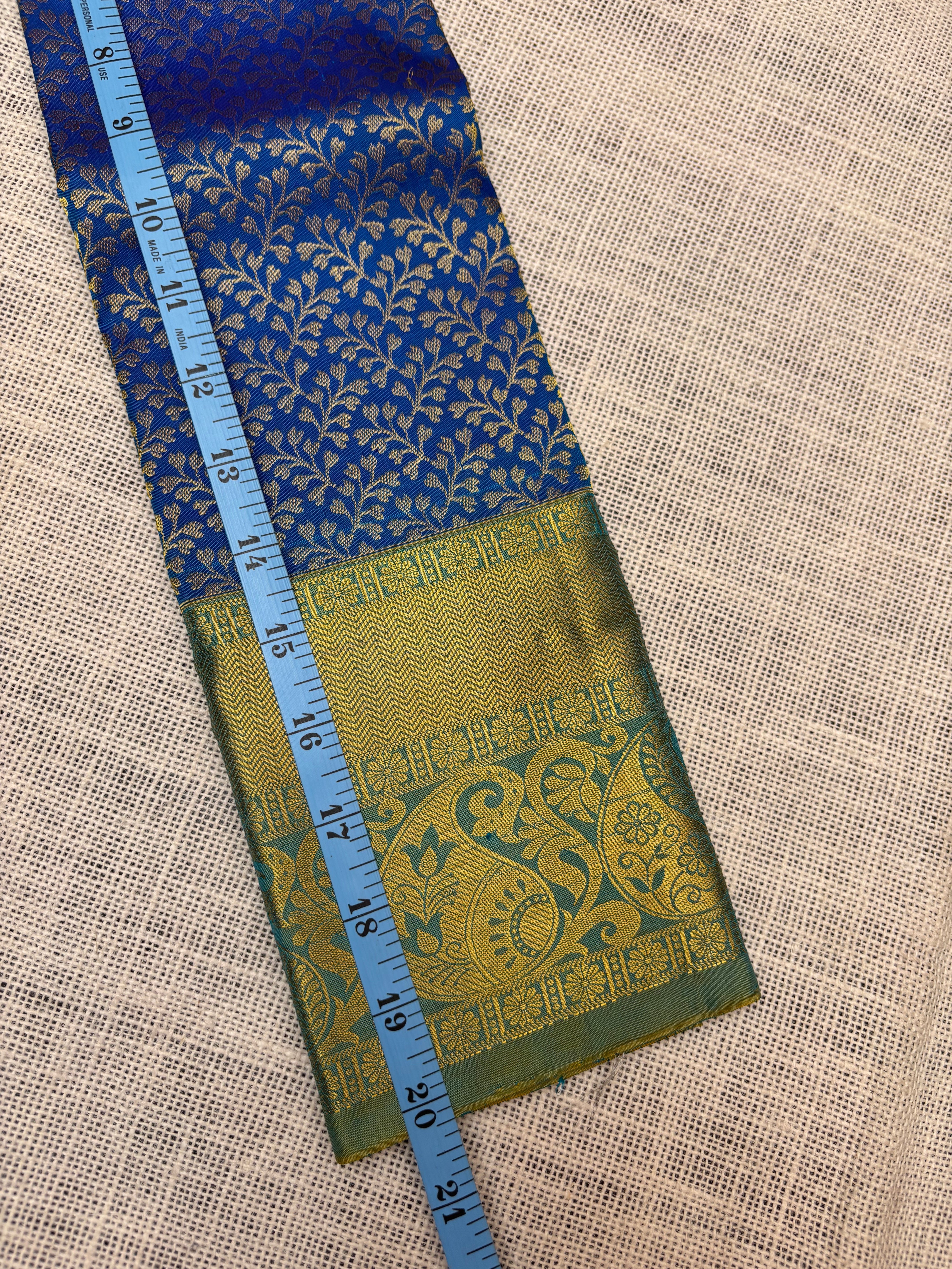 Royal Blue with Dual Shade of Sage Green and Blue Pure Kanjivaram Silk Unstitched Kids’ Lehenga Fabric with All-Over Zari Brocade and Zari Border