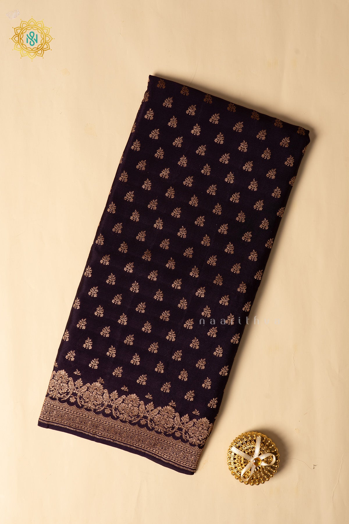 Brown Pure Banrasi Crepe Silk Allover Zari Buttas On The Body With Contrast Zari Border & Pallu