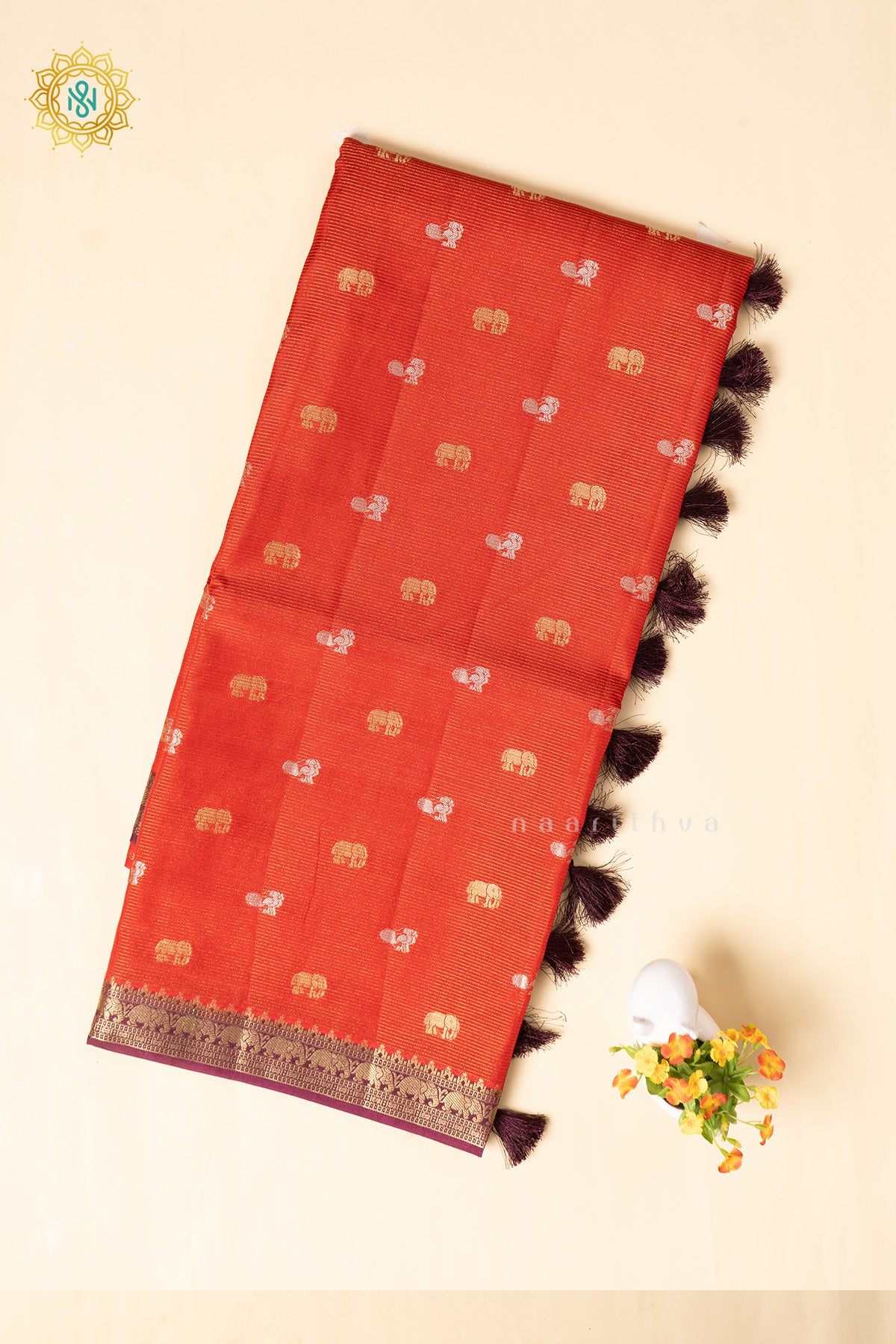Orange With Wine Semi Crepe Silk Saree With Zari Buttas On The Body With Contrast Zari Border & Pallu