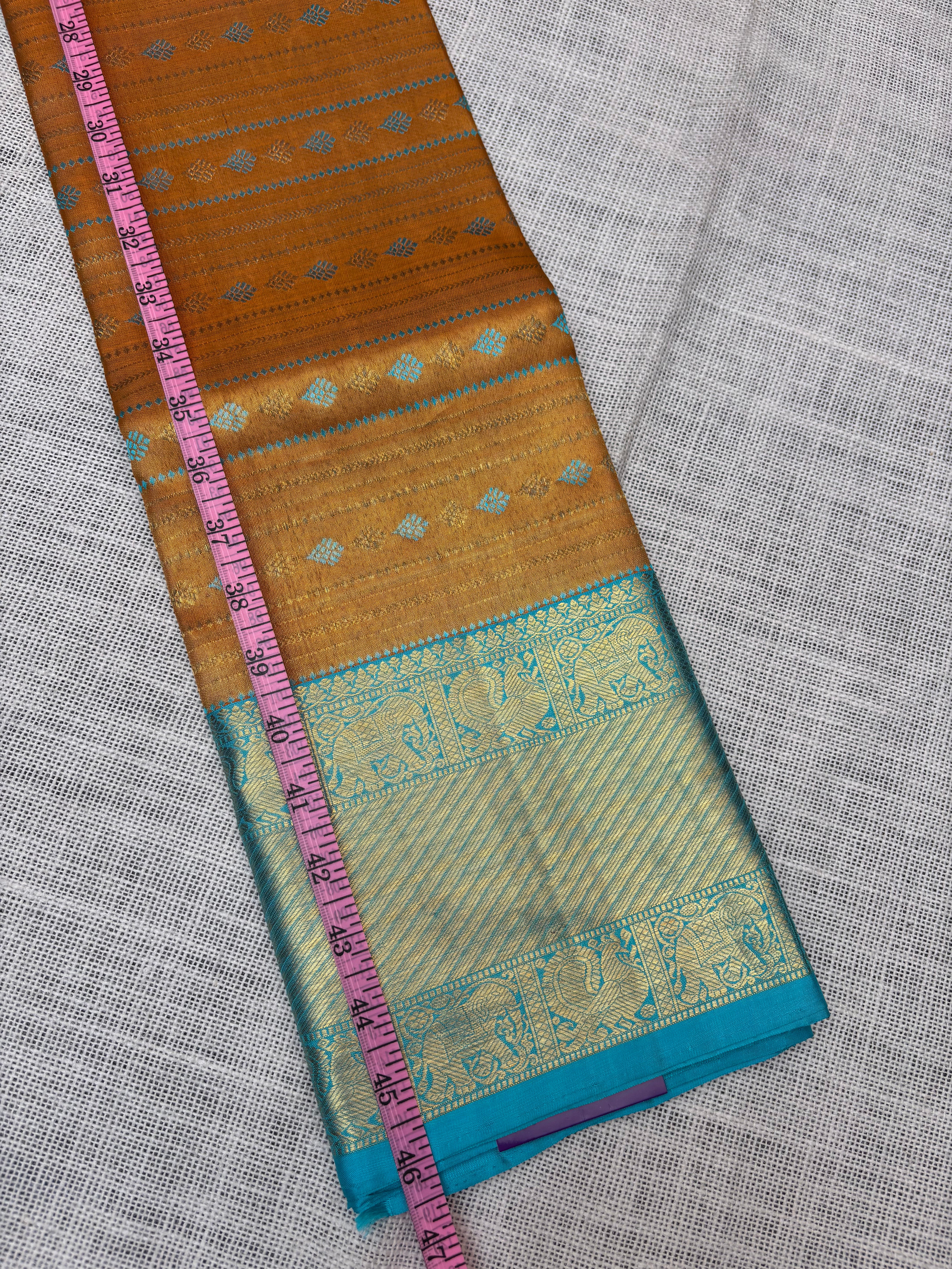 Mustard with Blue Pure Kanjivaram Silk Unstitched Kids’ Lehenga Fabric with All-Over Zari Brocade and Zari Border