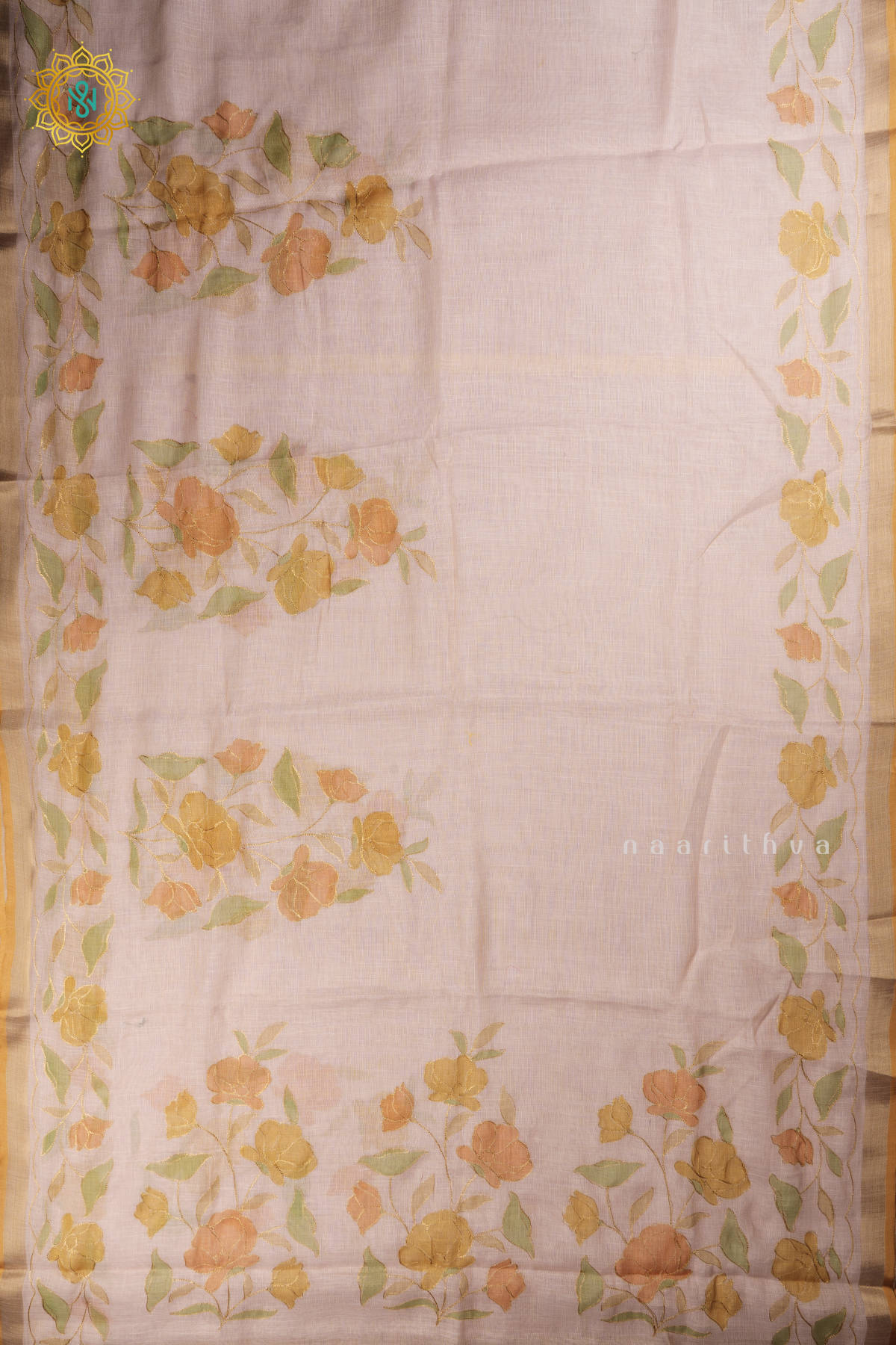 Off White Linen Tissue Saree with Aari Floral Work and Tissue Border