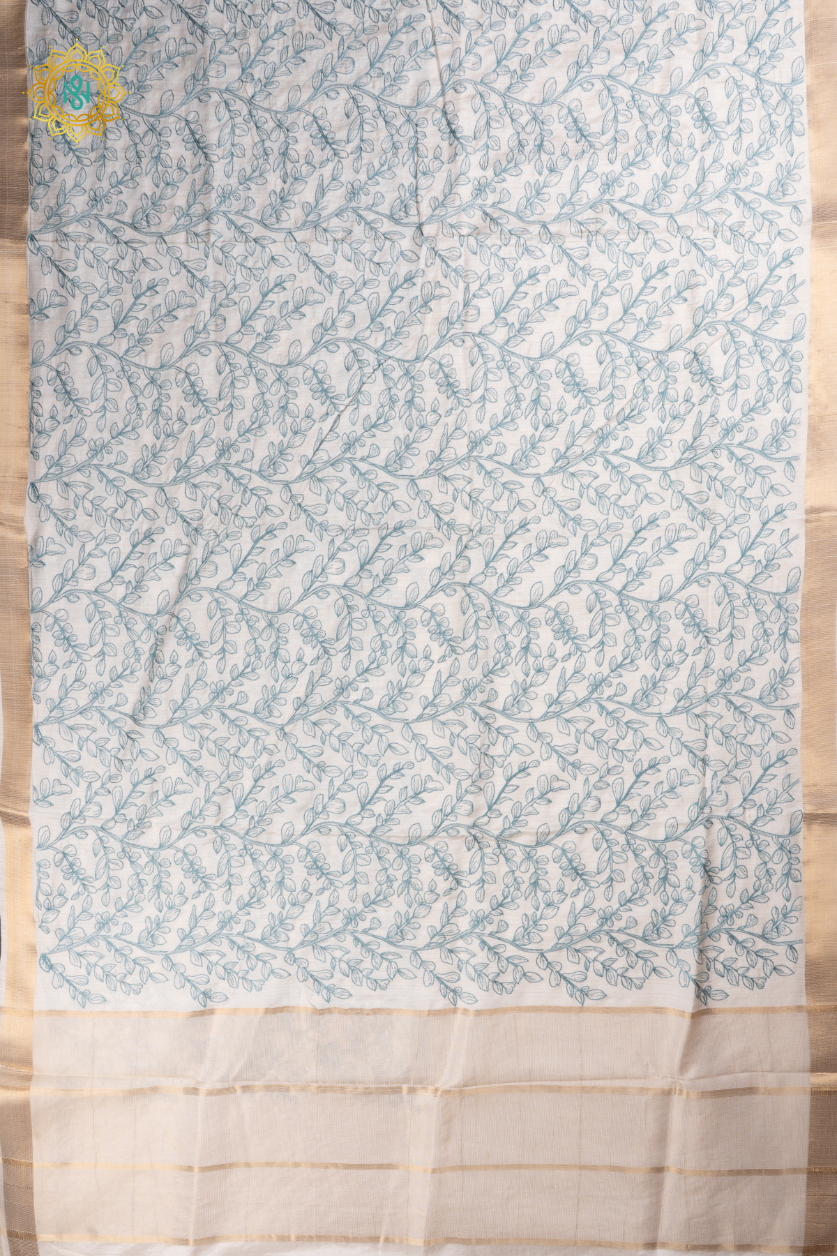 White With Aqua Blue Semi Tussar Silk Saree With Thread Embroidery Body & Pallu